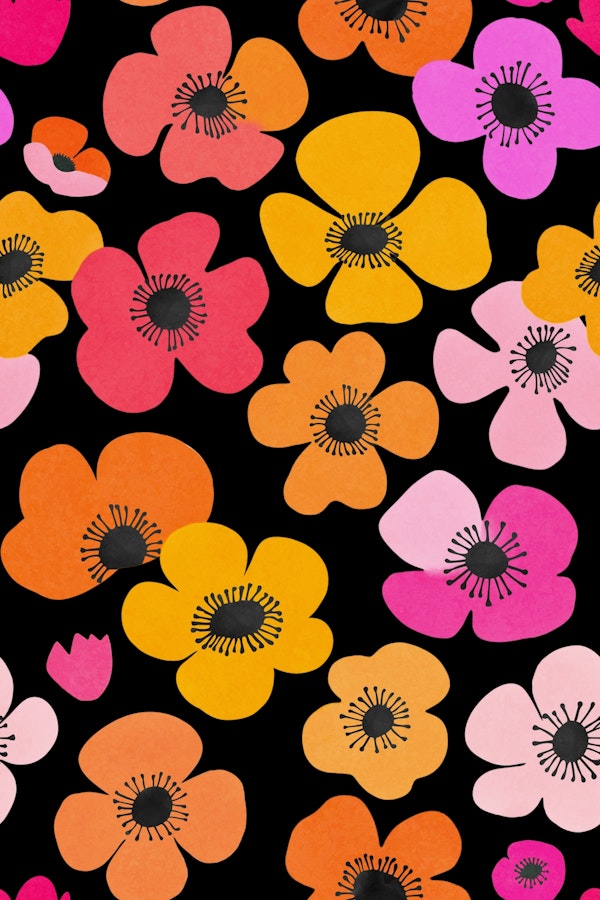 Bold Multicolor Retro Flowers Black