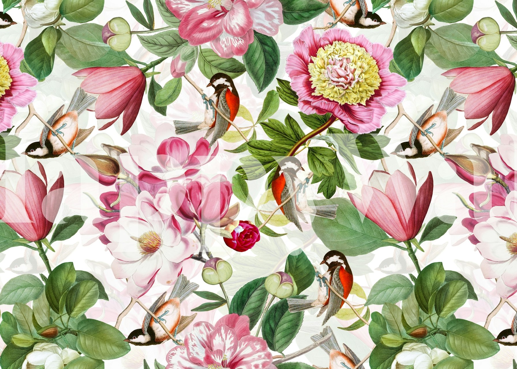 Pink flowers and songbirds on a delicate wallpaper