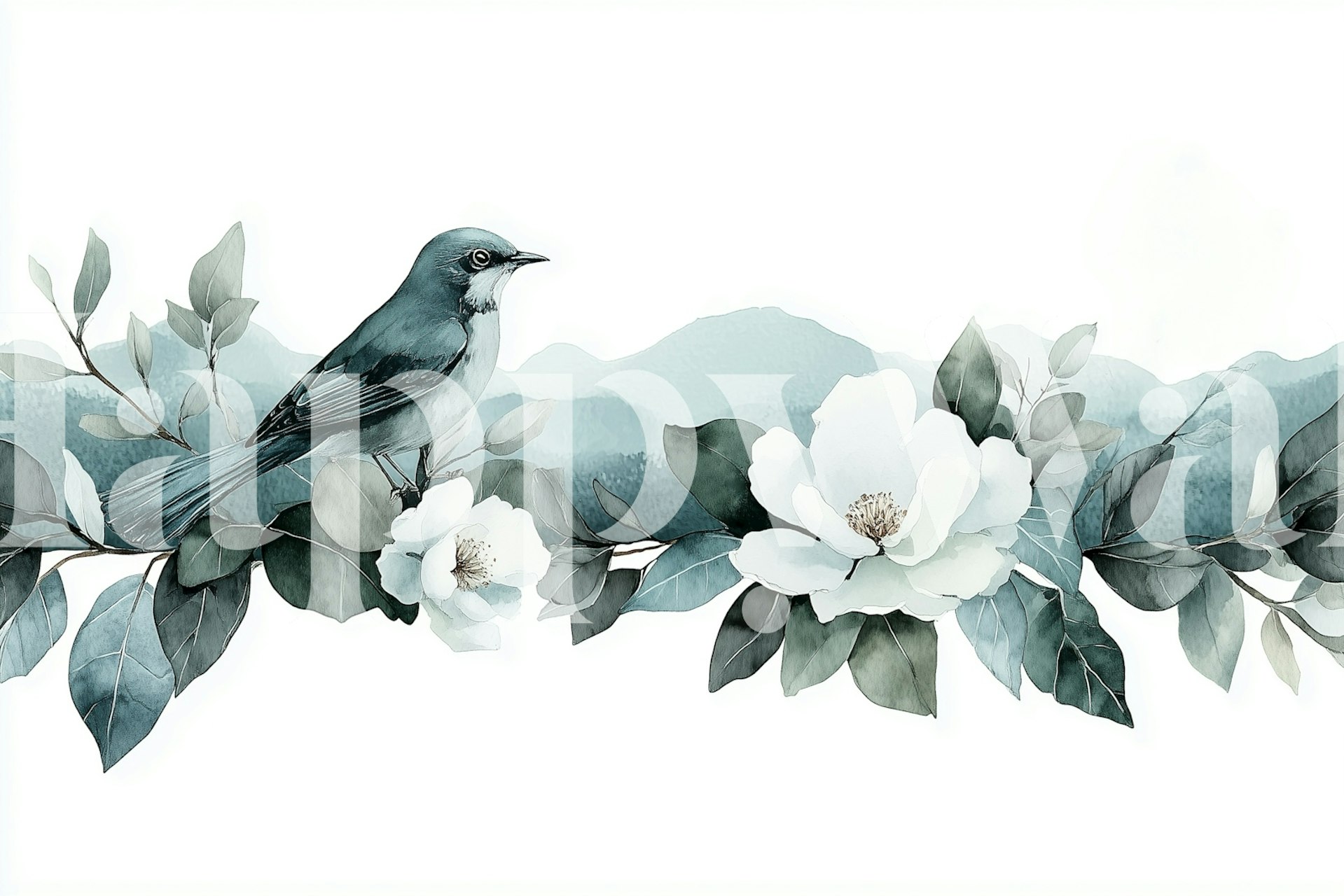 Serene Bird and Blossoms Tapete in einem Raum