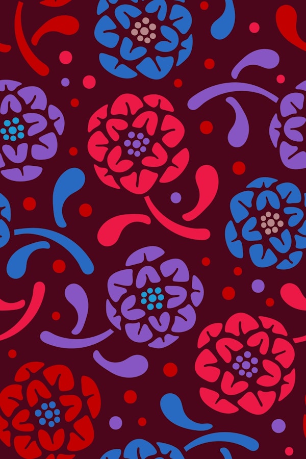 Dolce Block Print Retro Floral Dark Red Multi