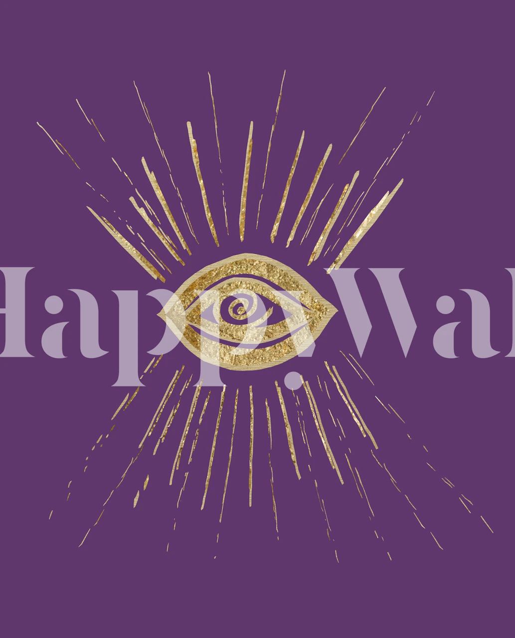 Gold evil eye design with rays on purple background wallpaper