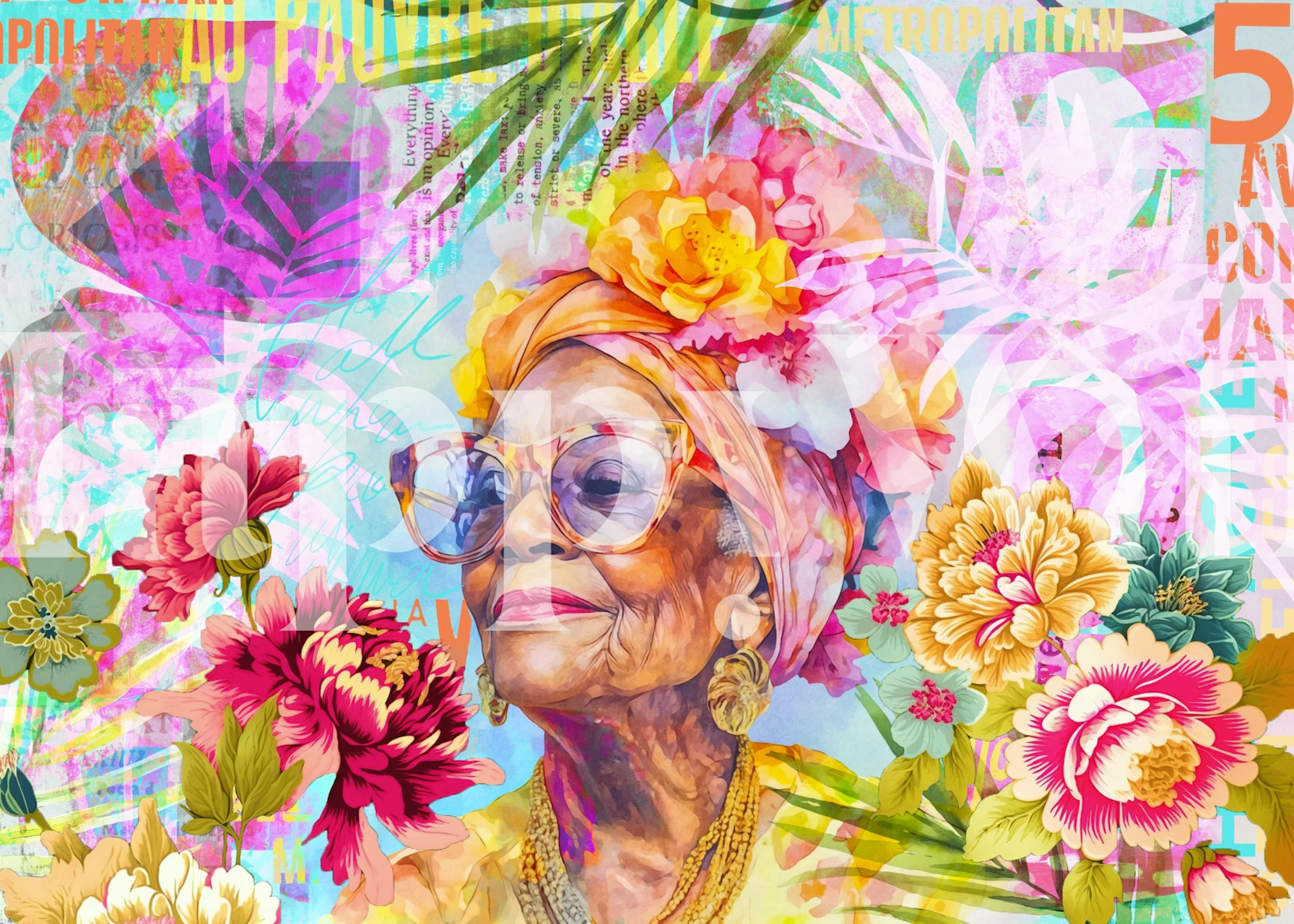 Colorful floral and portrait wallpaper with vibrant flowers and tropical leaves.
