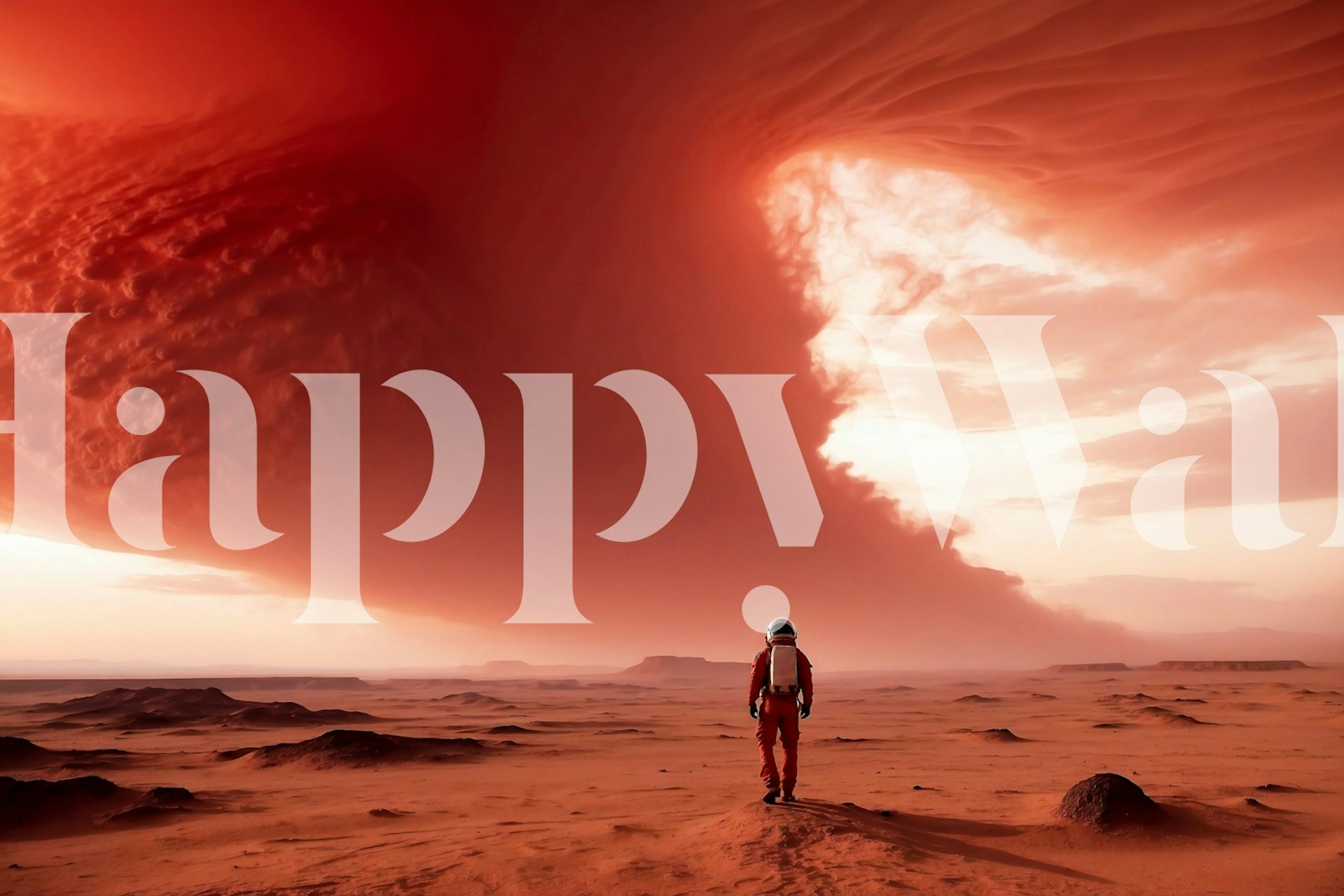 Astronaut on red landscape under swirling clouds wall mural