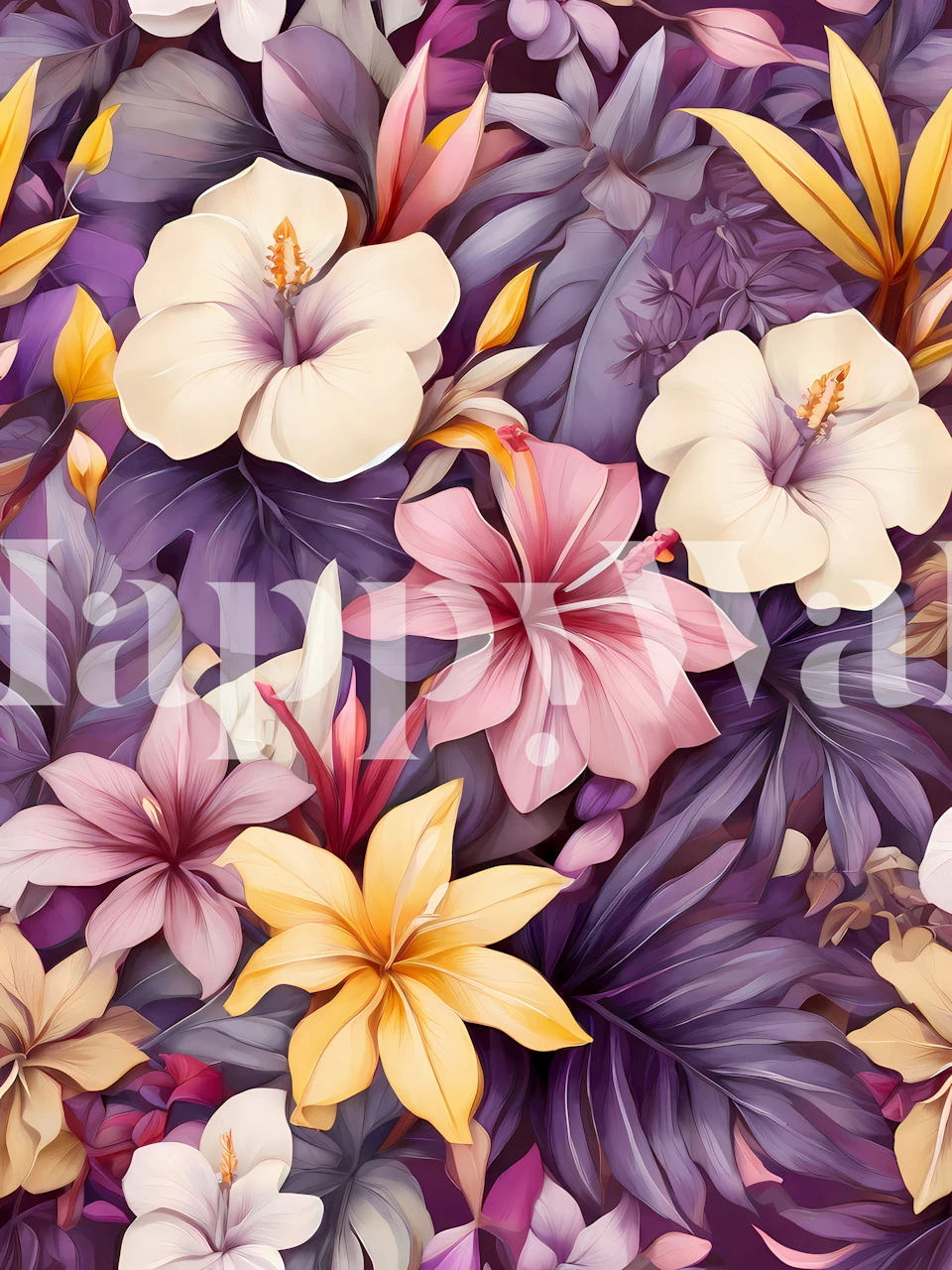 Colorful floral design with purple, pink, and yellow hues wallpaper