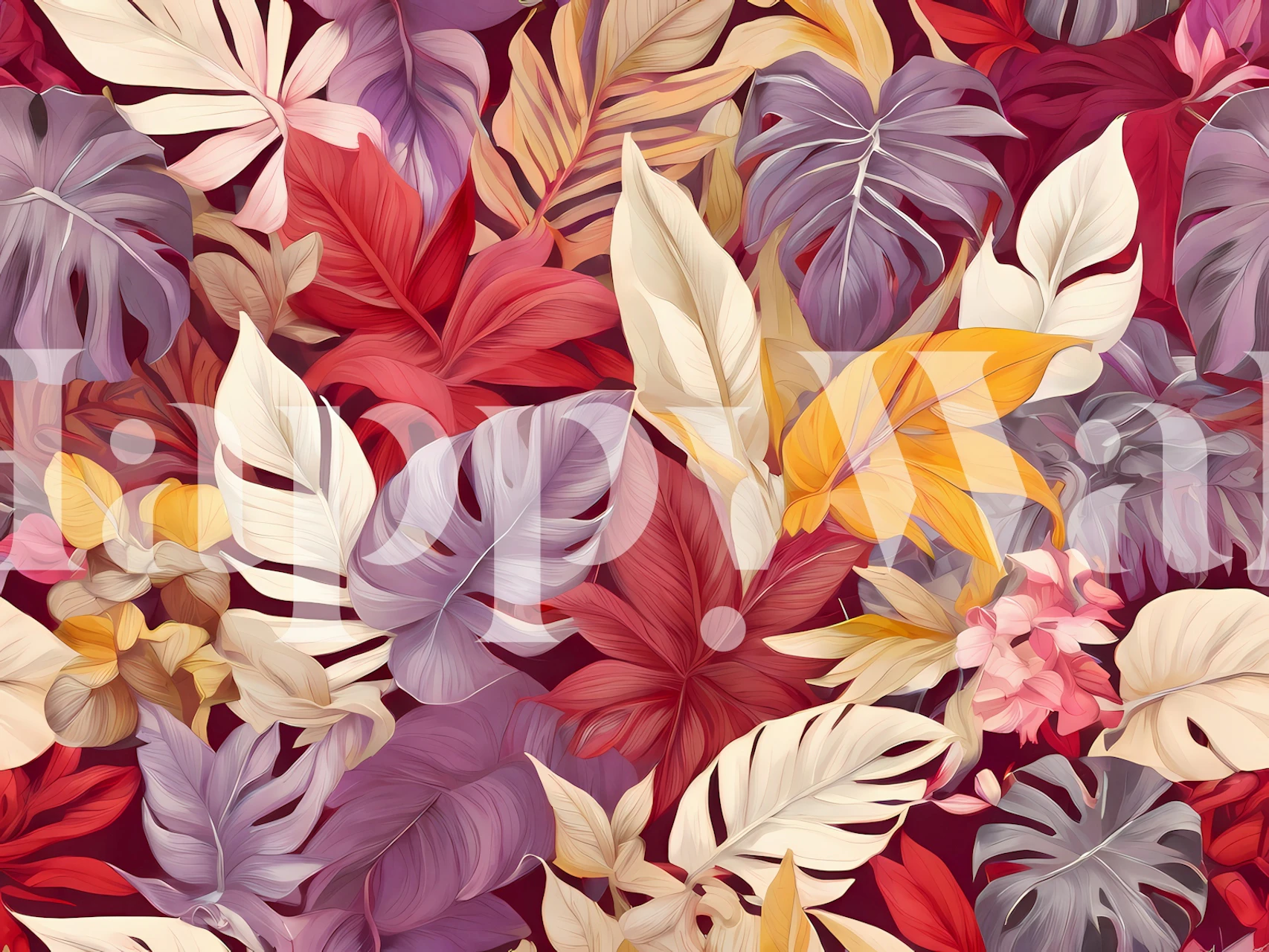Tropical leaves in red, purple, and yellow colors wallpaper