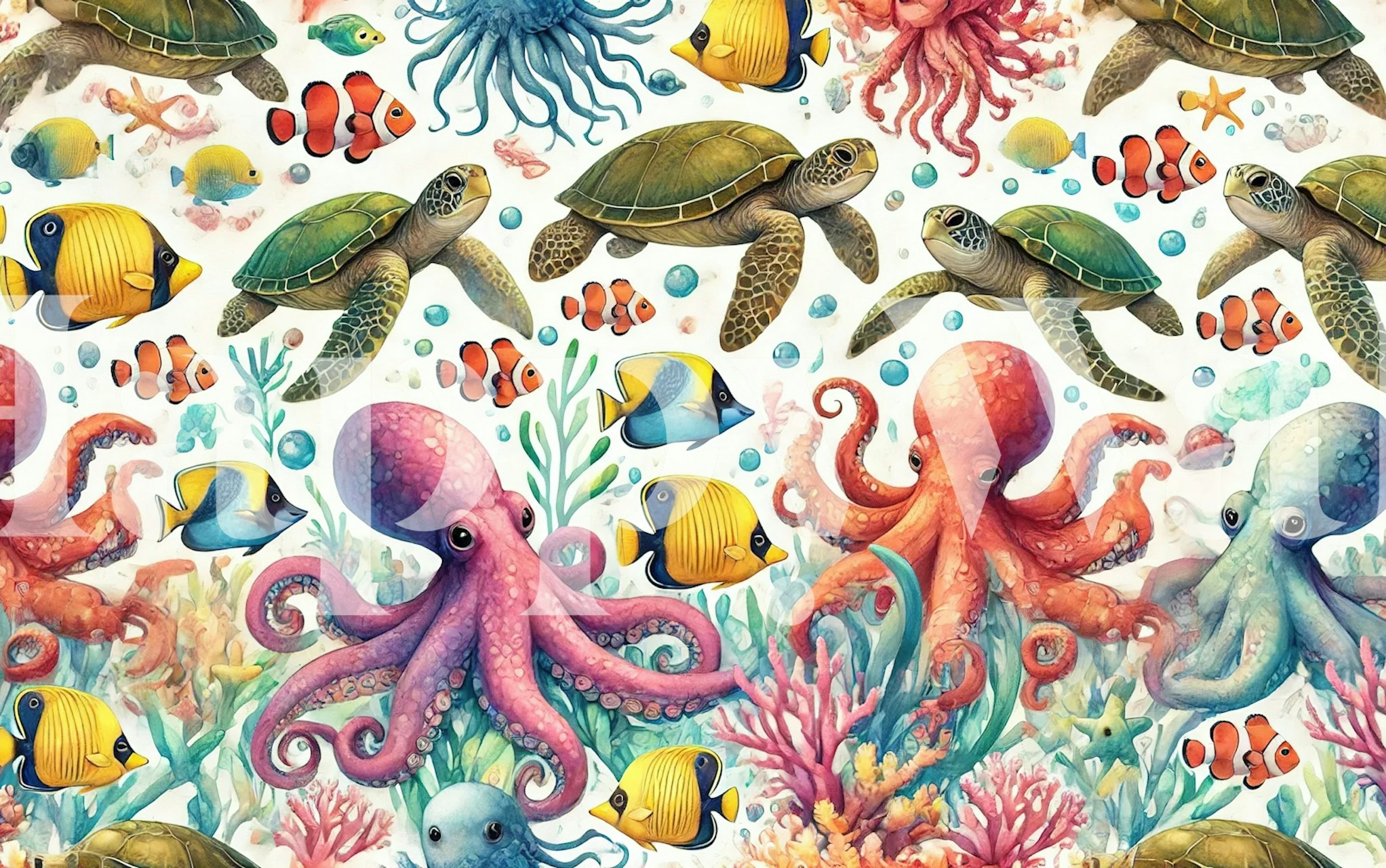 Colorful underwater scene with turtles, octopuses, and fish wallpaper
