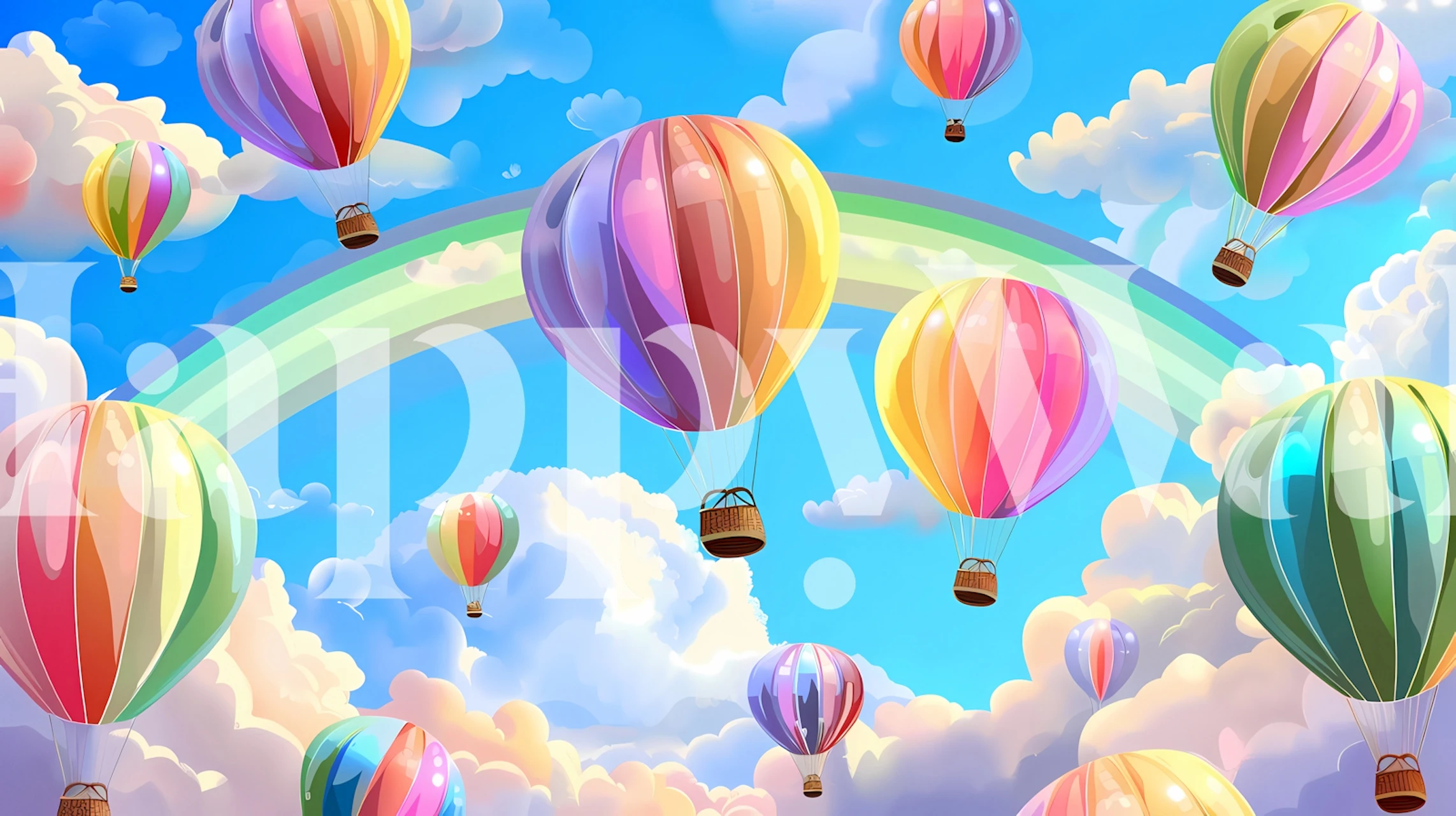 Colorful hot air balloons wallpaper in a room