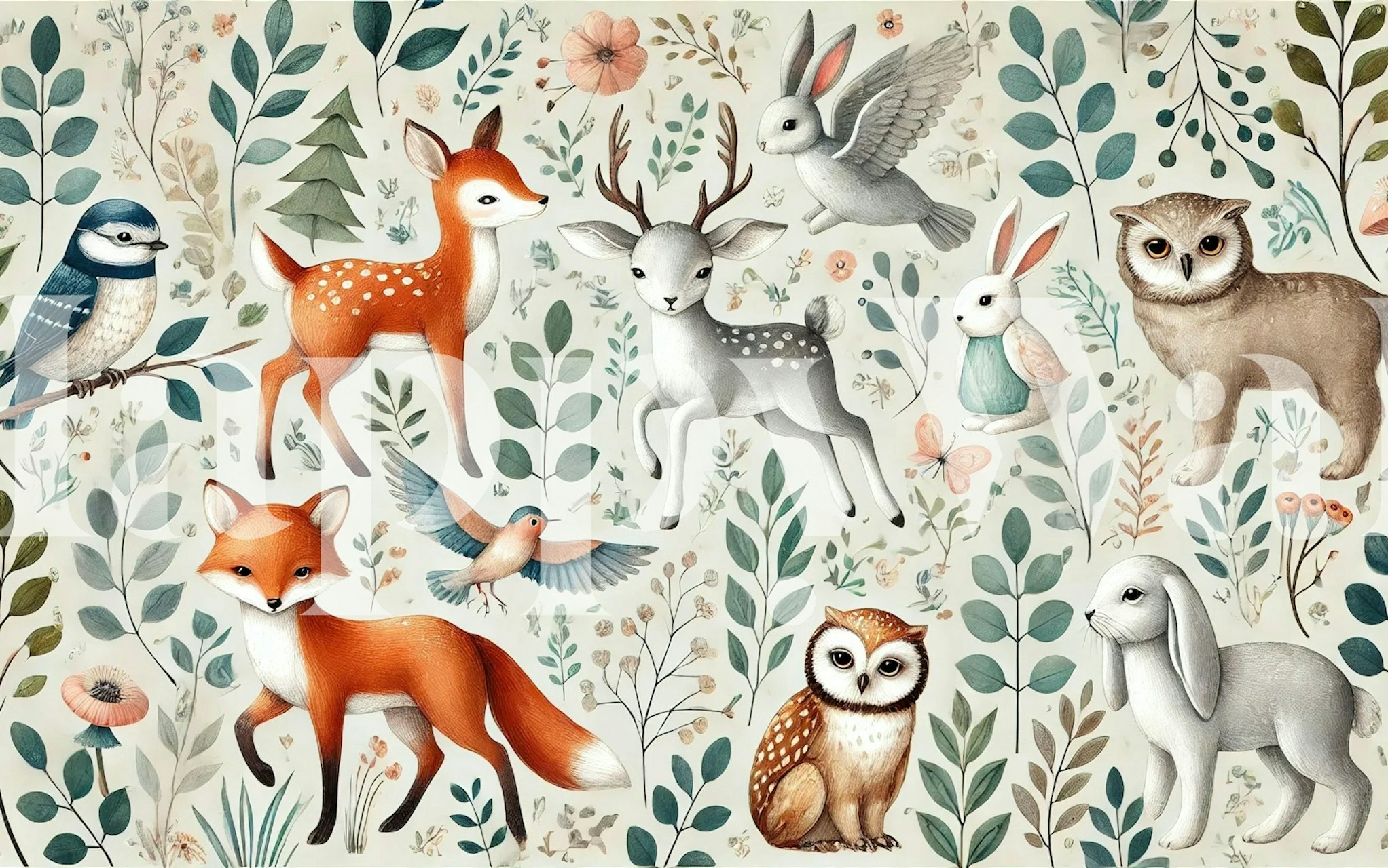 Ταπετσαρία Watercolor Woodland Parade σε ένα δωμάτιο