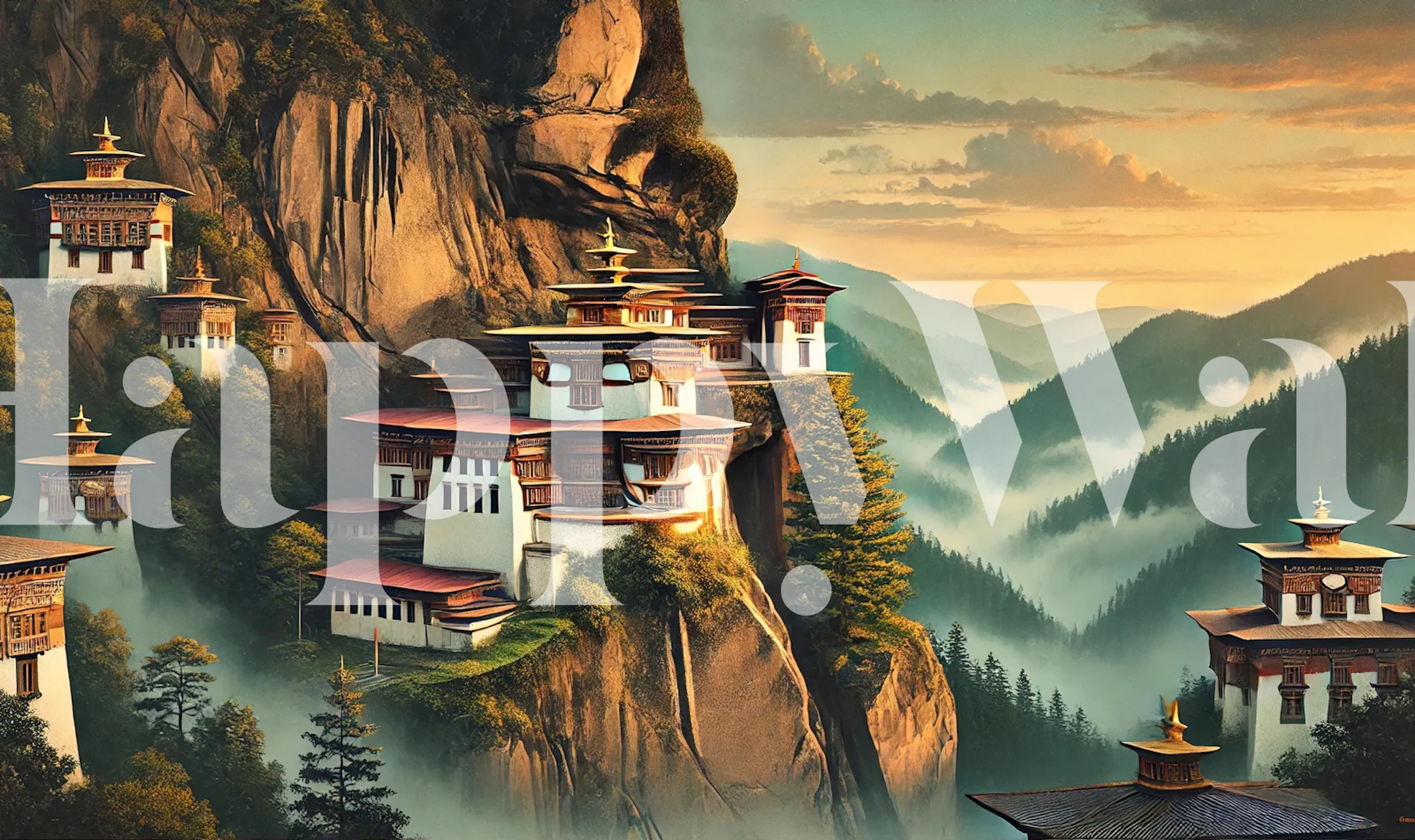 Vintage Bhutan Mountain Monasteries wallpaper in een kamer