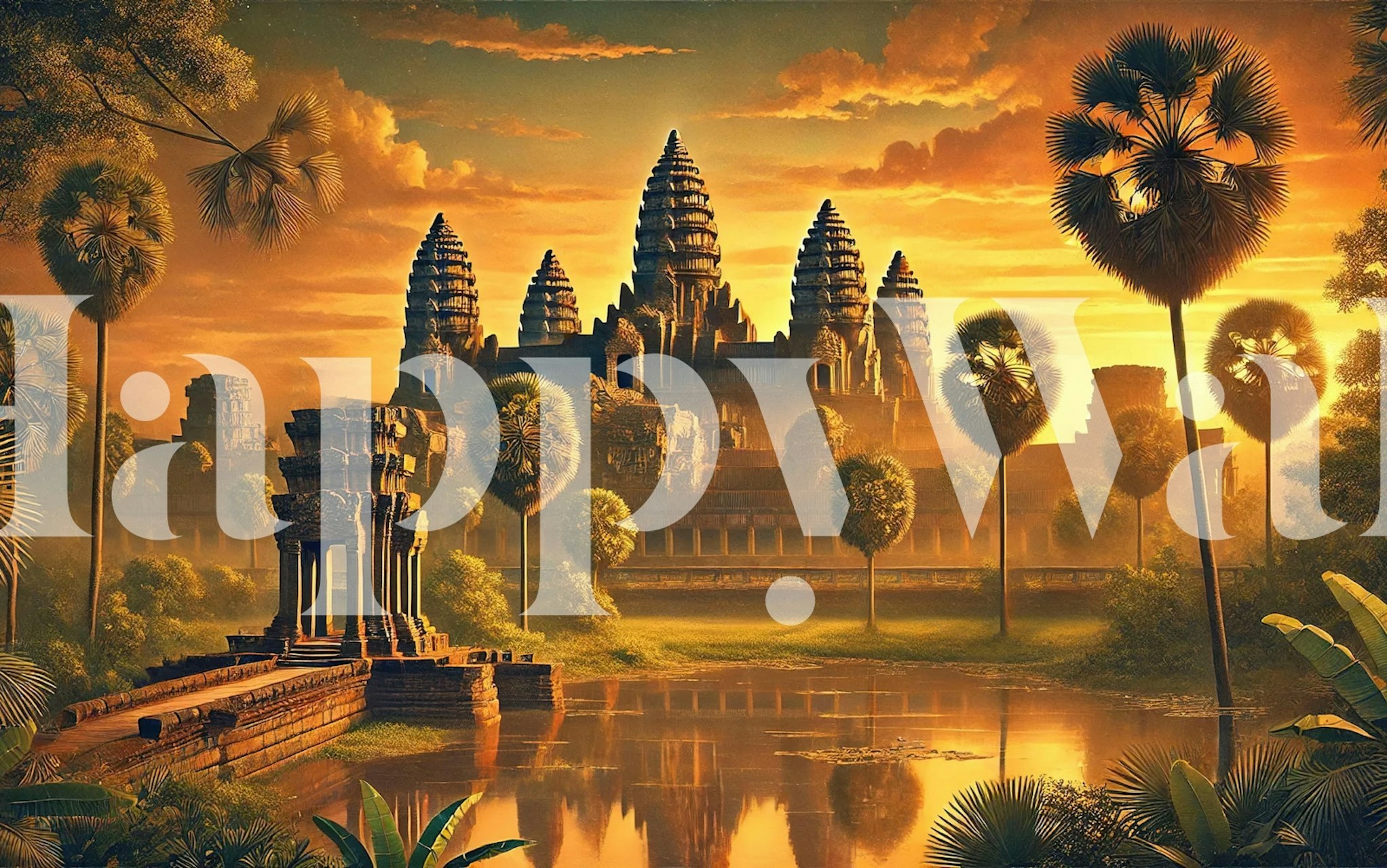 Angkor Wat temple during sunset with palm trees and vibrant colors wallpaper