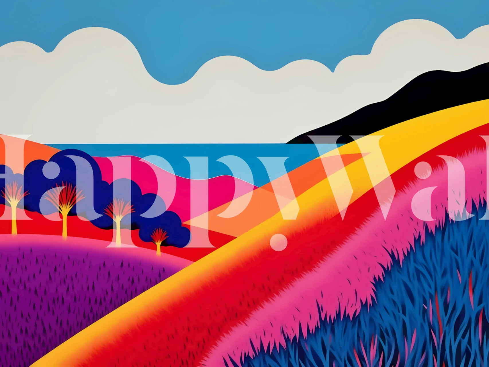 Colorful tropical landscape wallpaper featuring hills, trees, and ocean in vibrant shades of pink, blue, and yellow.