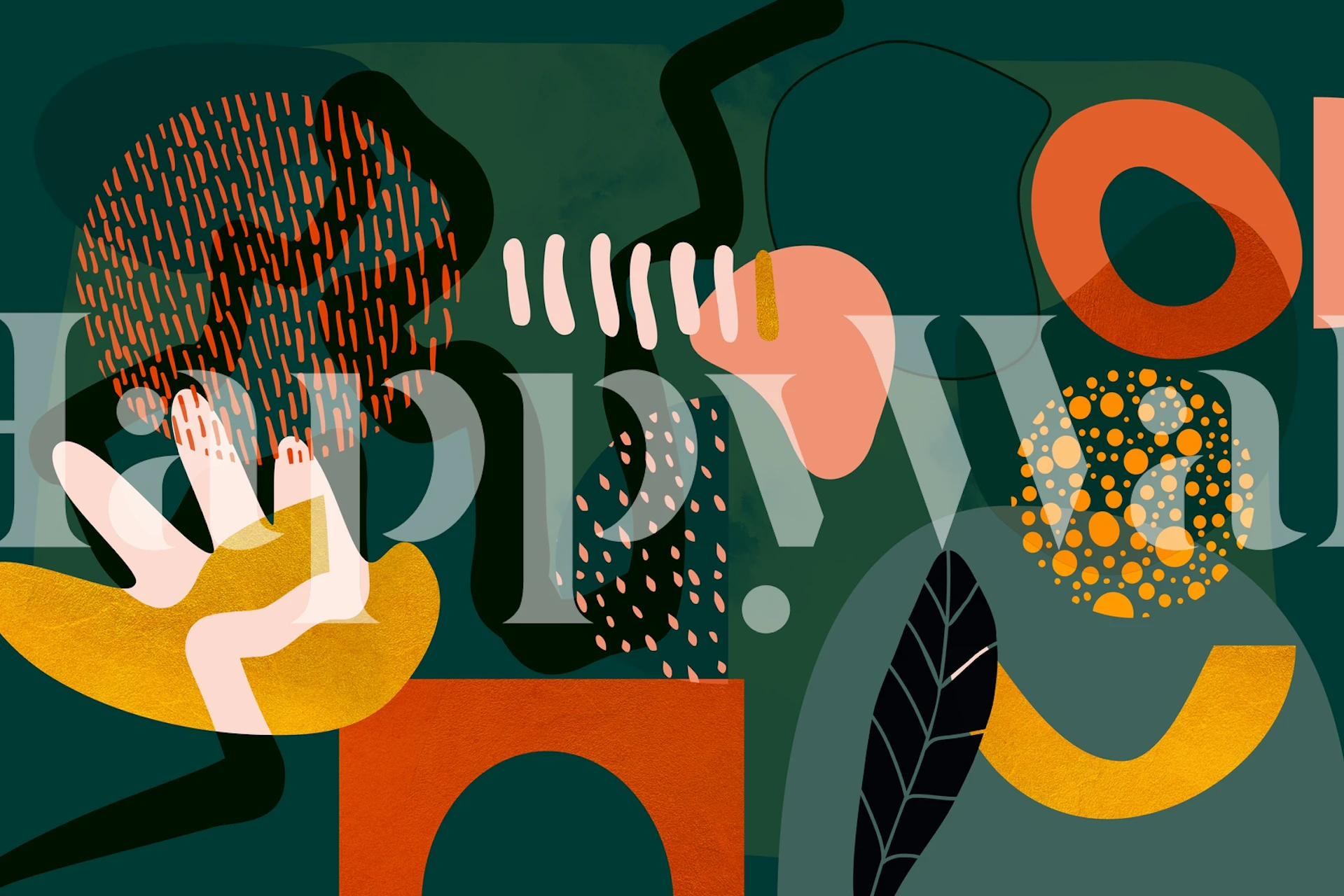 Abstract shapes in earthy tones of green, orange, and yellow wallpaper