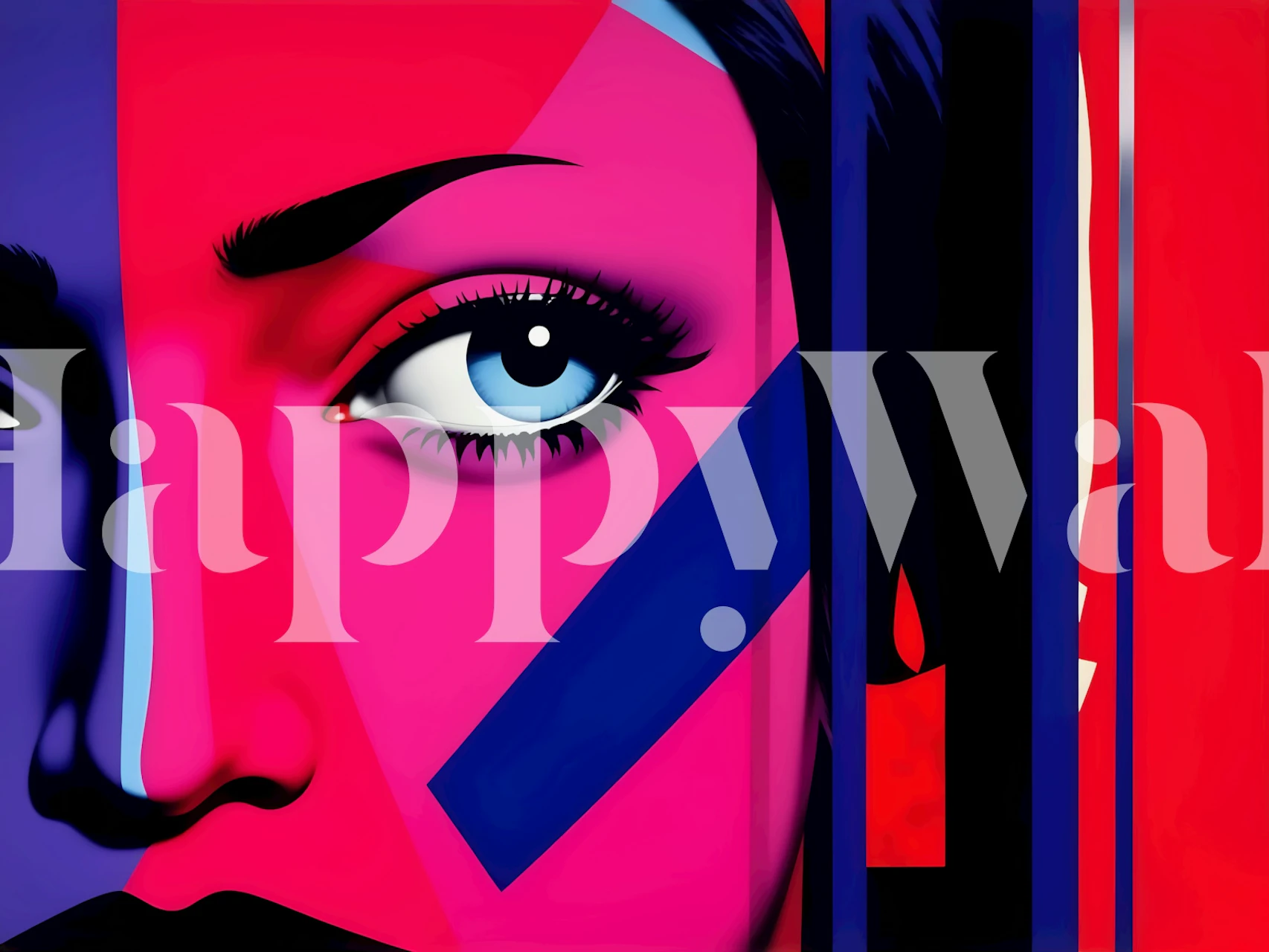 Colorful woman face with blue eye, pink and red background wallpaper