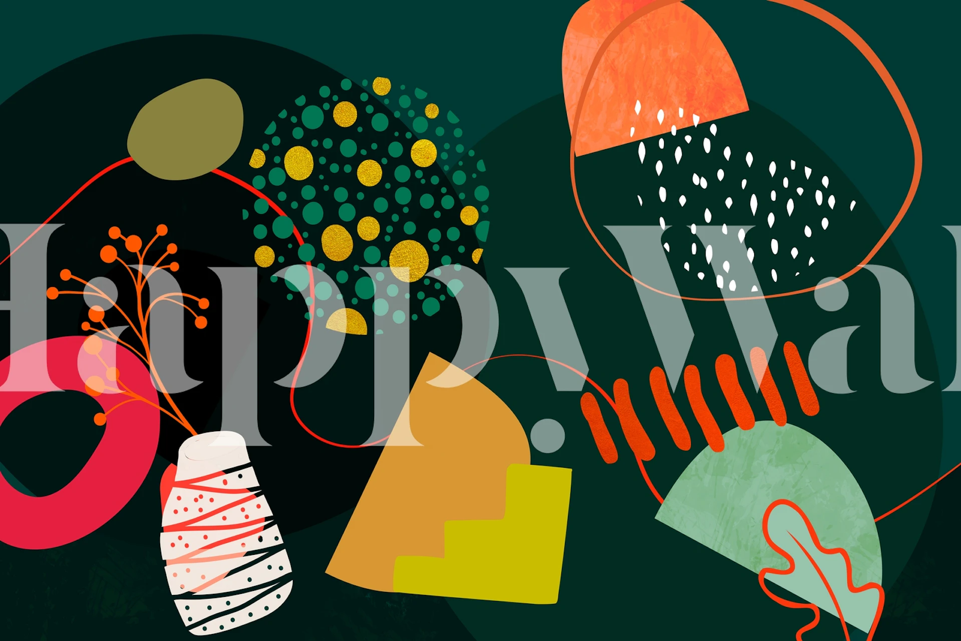 Colorful abstract floral shapes, green background wallpaper