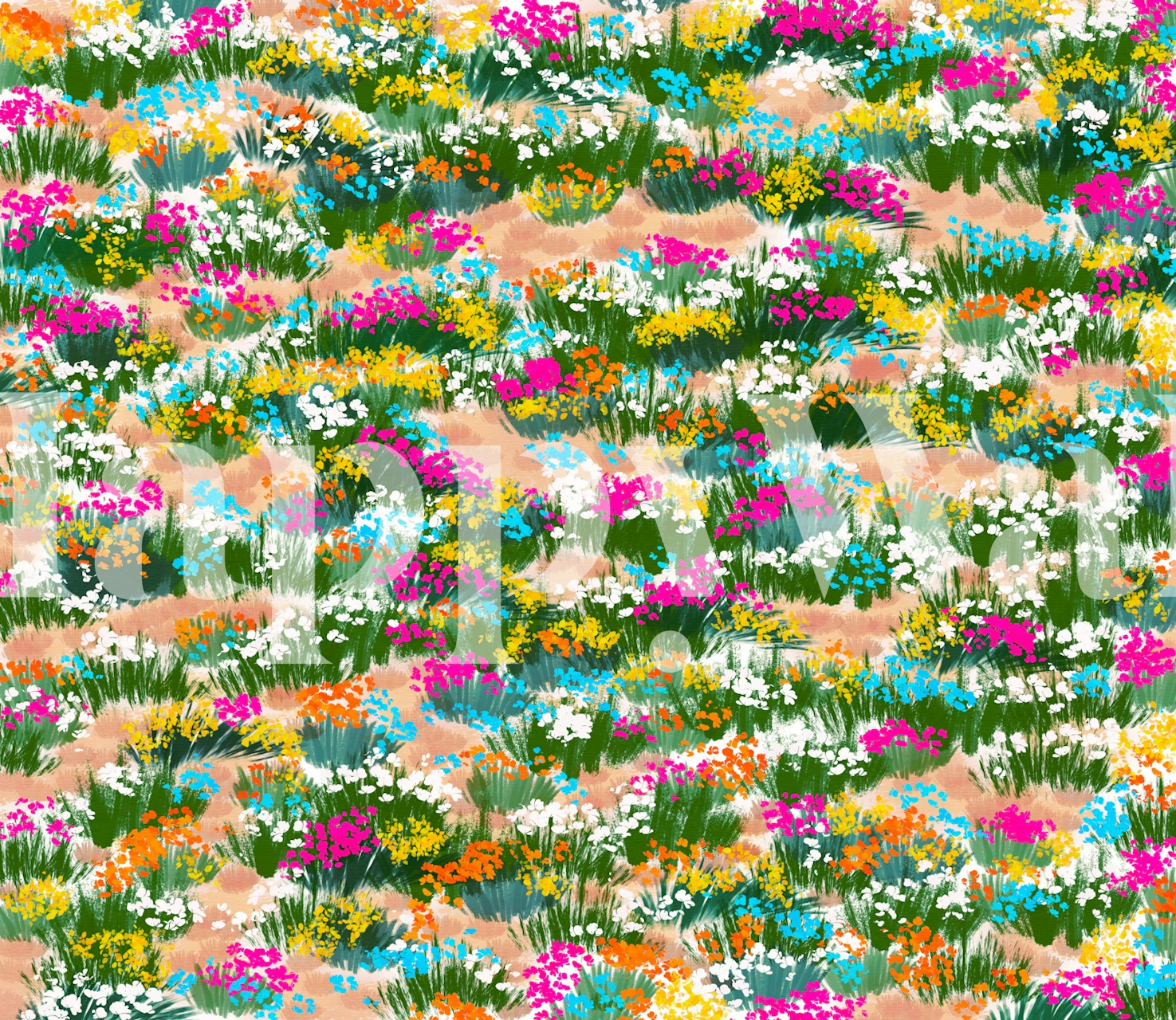 Colorful wildflowers in bright pink, yellow, and green wallpaper