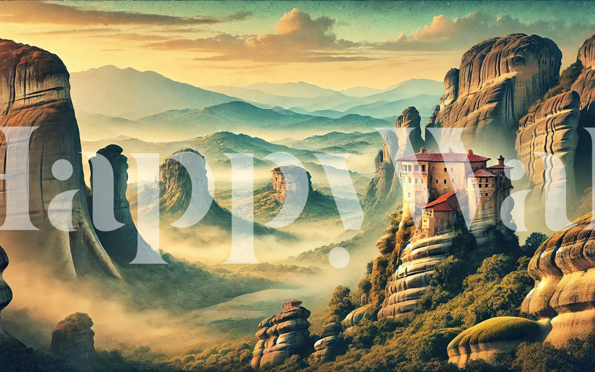 Vintage Greece Meteora Monasteries wallpaper v místnosti