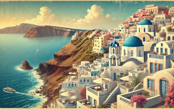 Vintage Santorini Cliffside Poster, Greece