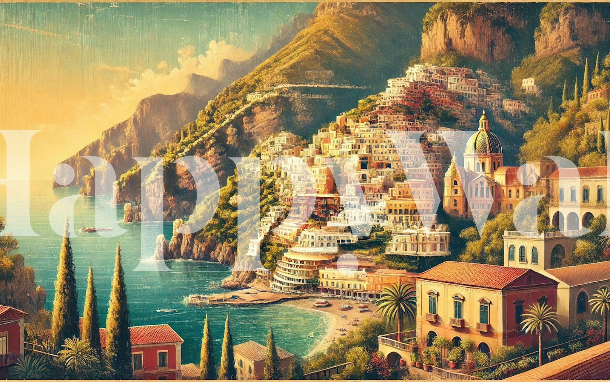Vintage Amalfi Coast view with colorful buildings, sea, mountains wallpaper