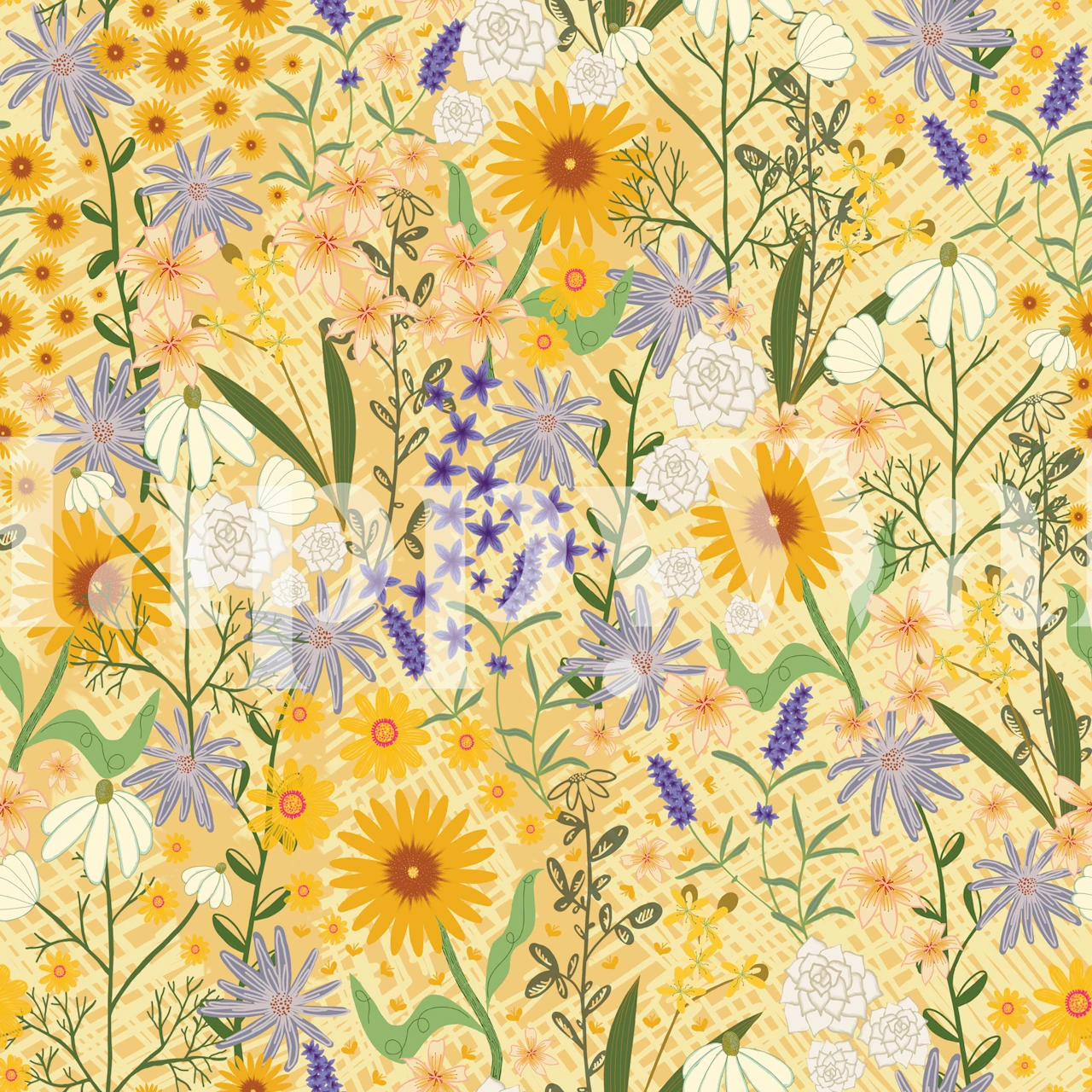 Yellow floral wallpaper with daisies, sunflowers, and lavender illustrations