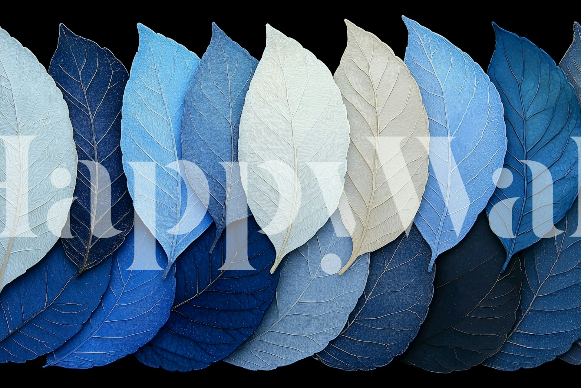 Blue and white leaf pattern wallpaper with various shades of blue and cream