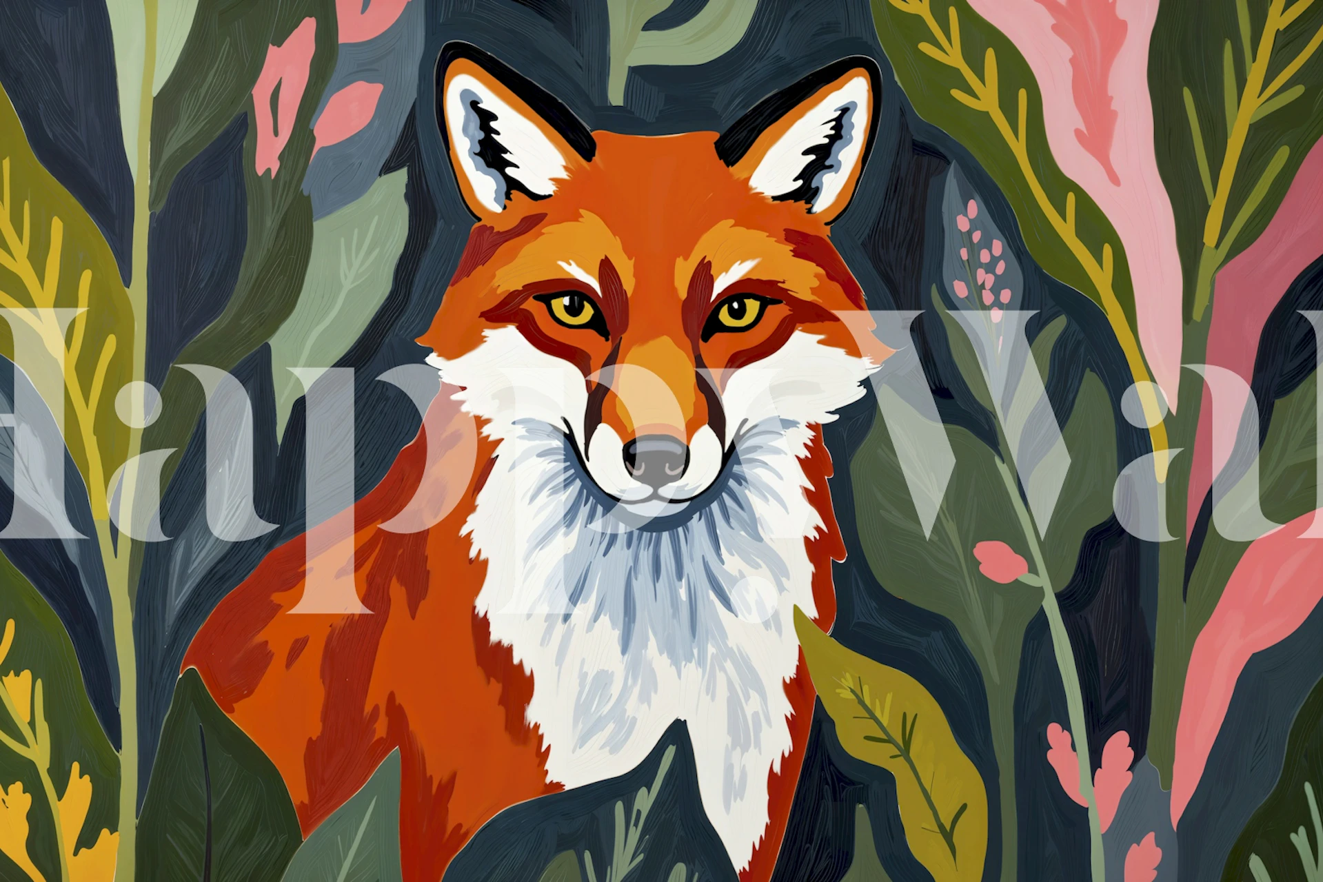 Fox illustration surrounded by colorful foliage wallpaper