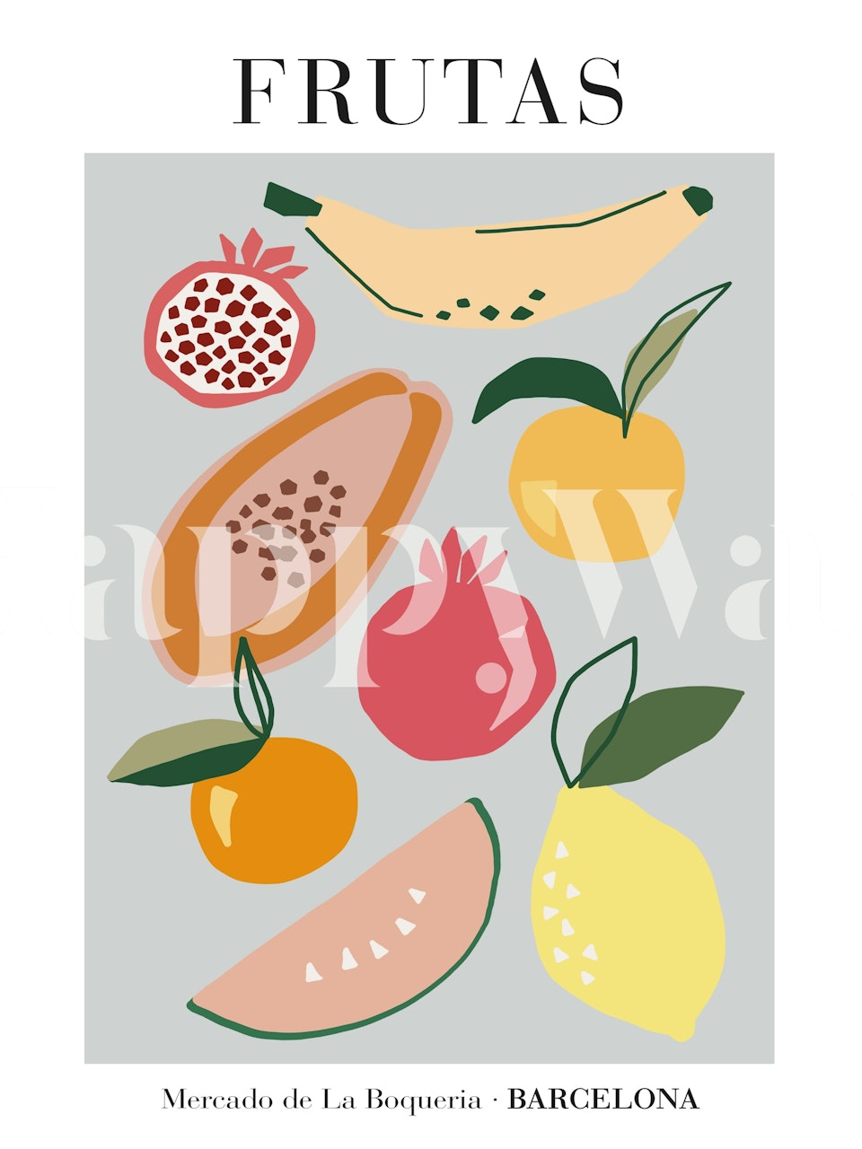 Colorful fruit illustrations including lemons, papayas, and pomegranates wallpaper