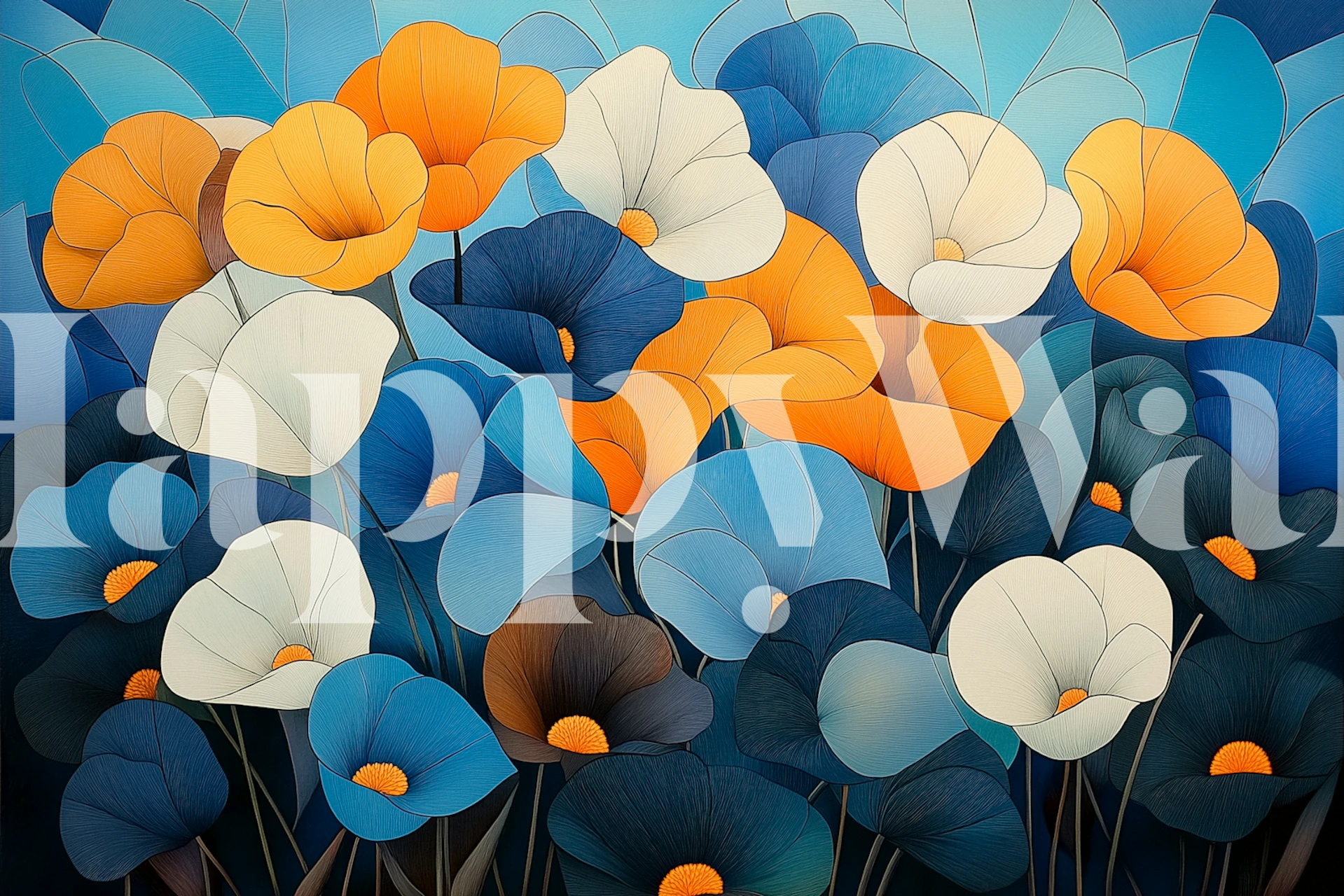 Colorful flowers in blue, orange, and white patterns wallpaper