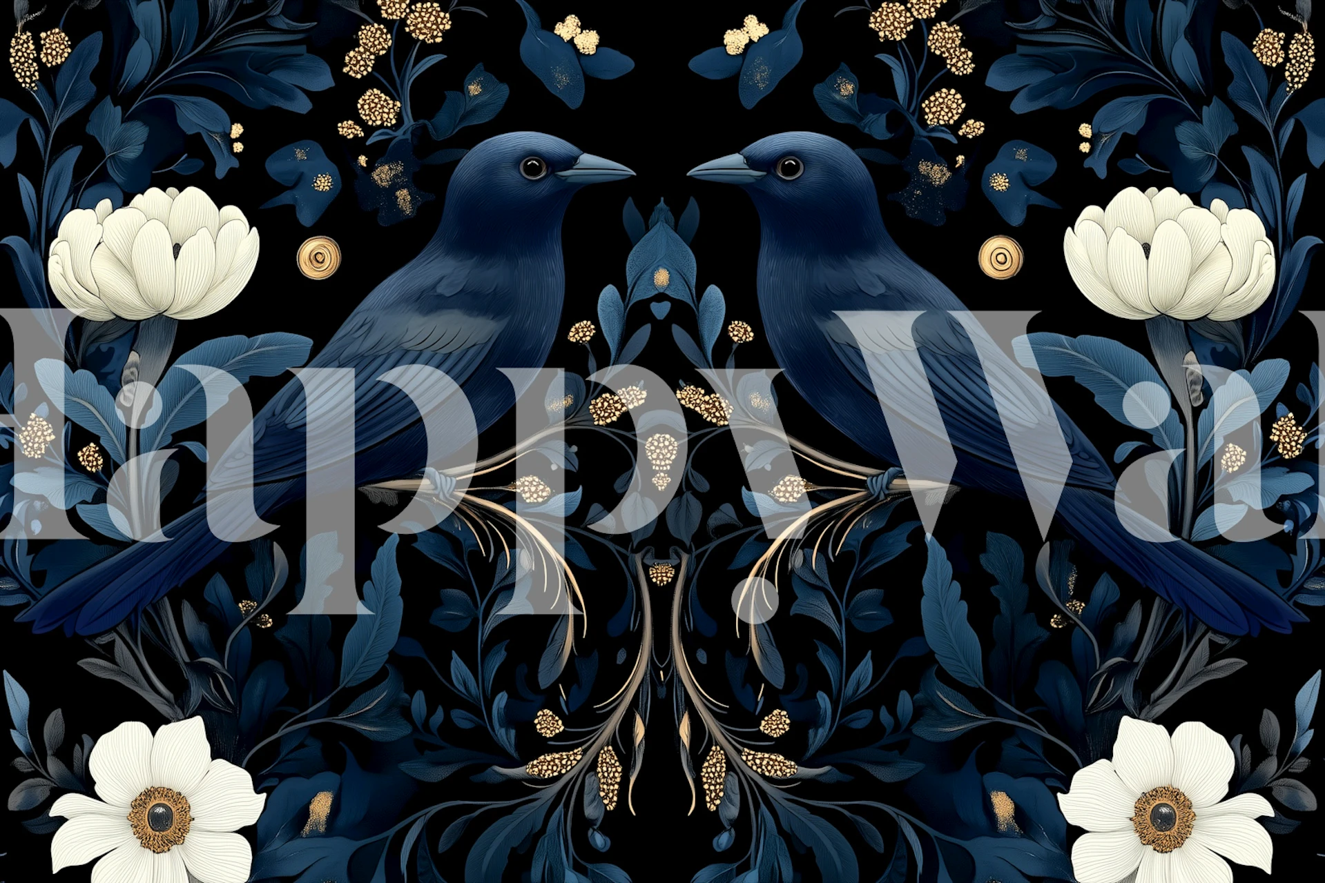 Floral wallpaper with dark navy background featuring white flowers and blue birds