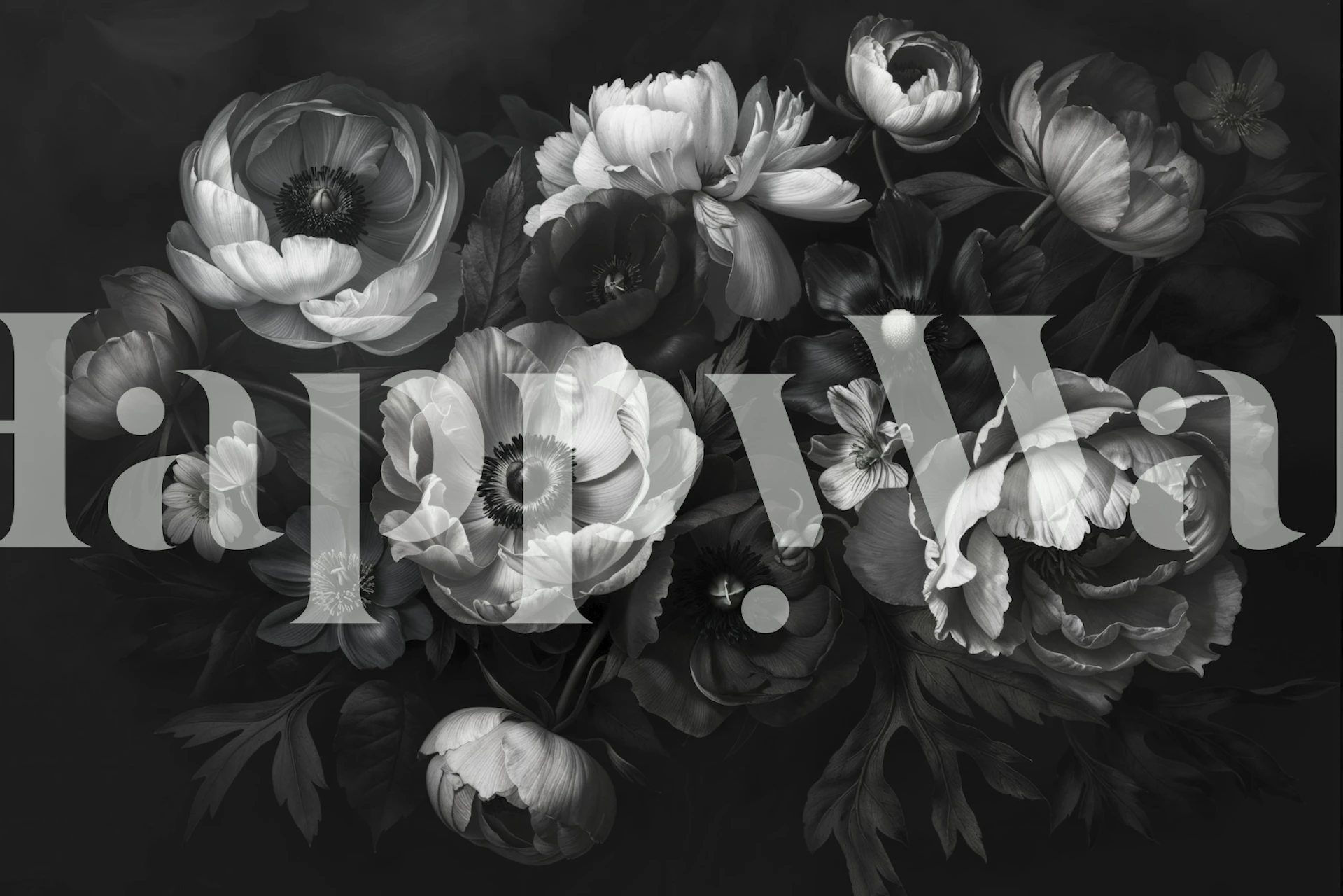 Black floral pattern wallpaper with large blooms