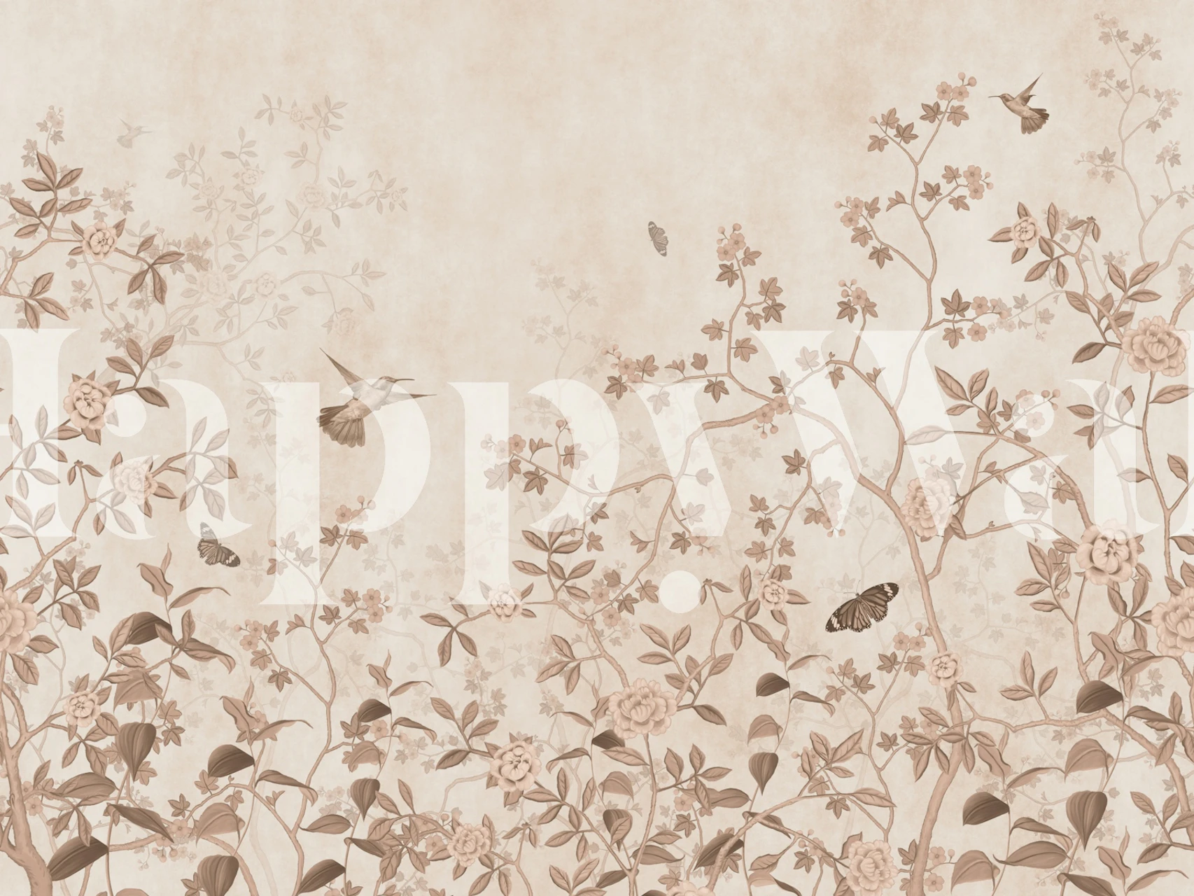 Vintage floral wallpaper with hummingbirds and blossoms in soft hues