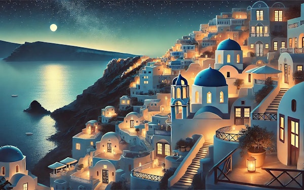 Vintage Santorini Night Poster, Greece