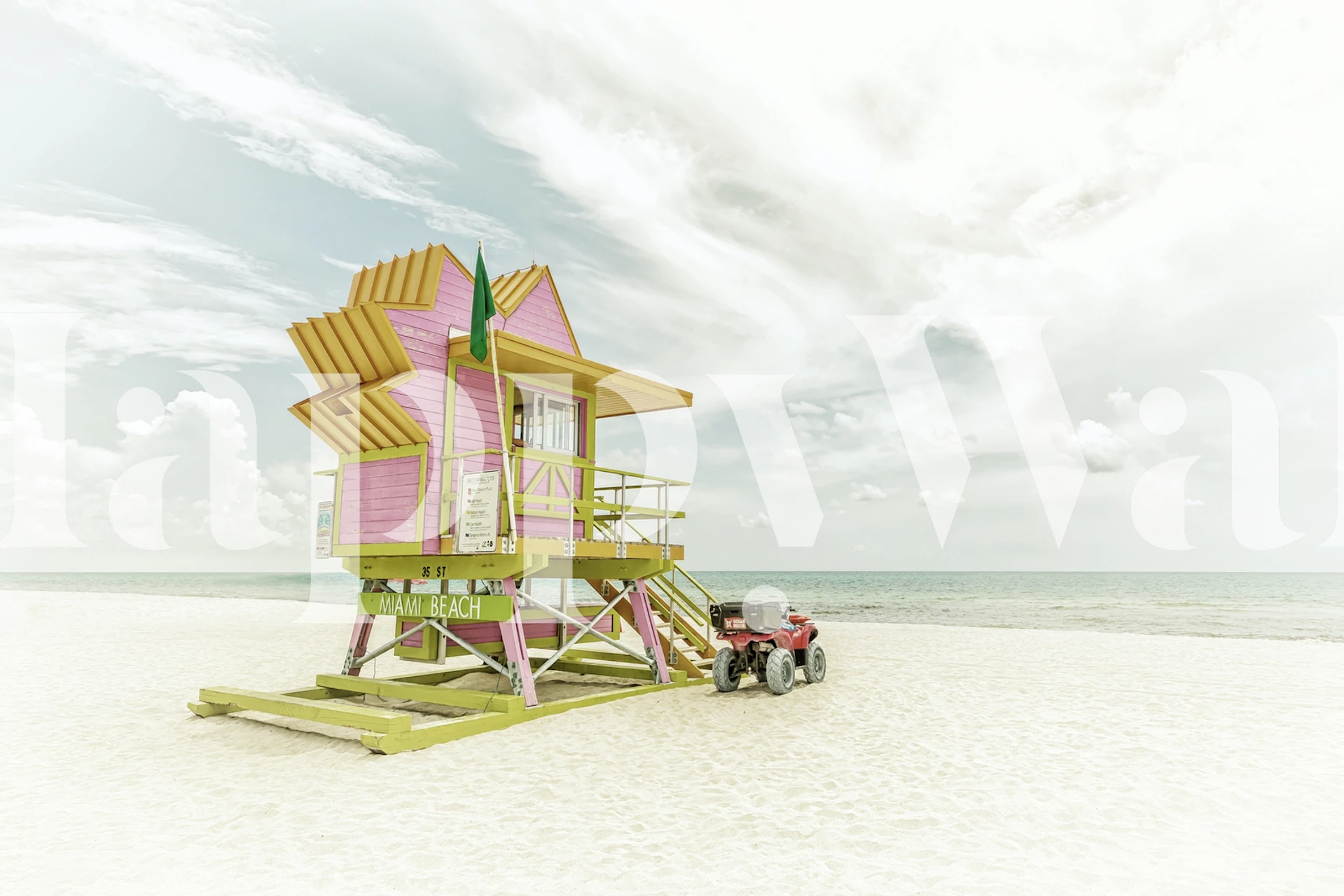 Tropical lifeguard tower in pink and green colors wallpaper