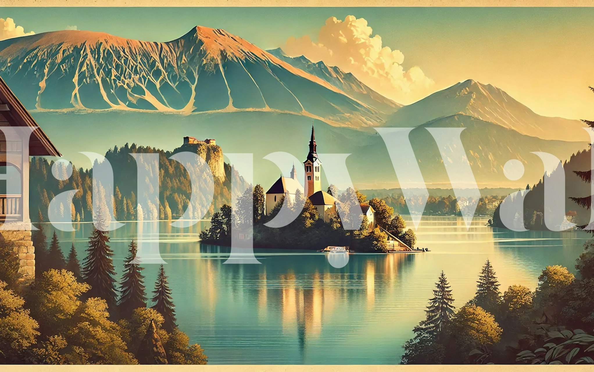 Ταπετσαρία Vintage Slovenia Lake Bled σε ένα δωμάτιο