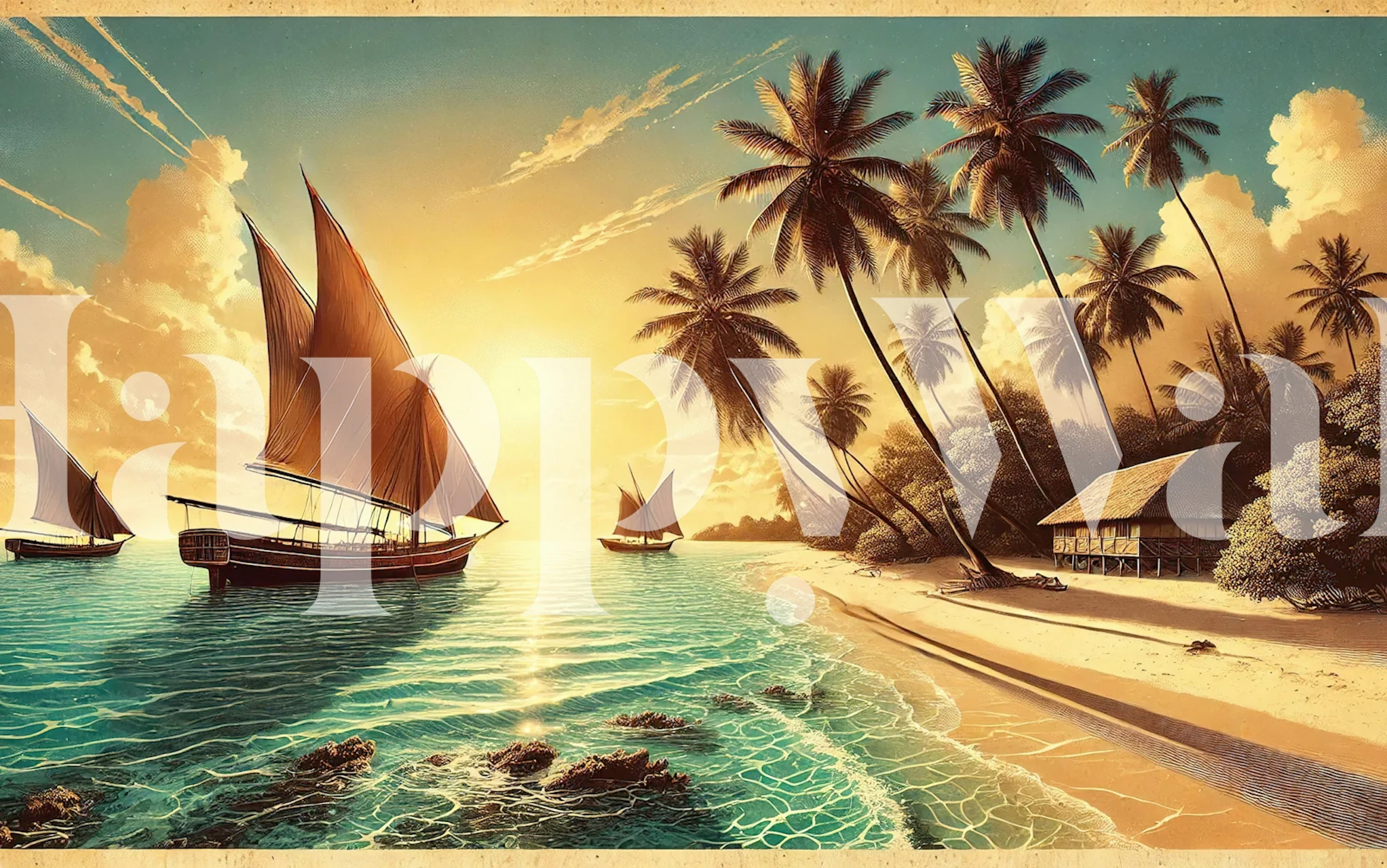Vintage Zanzibar wallpaper with boats and palm trees