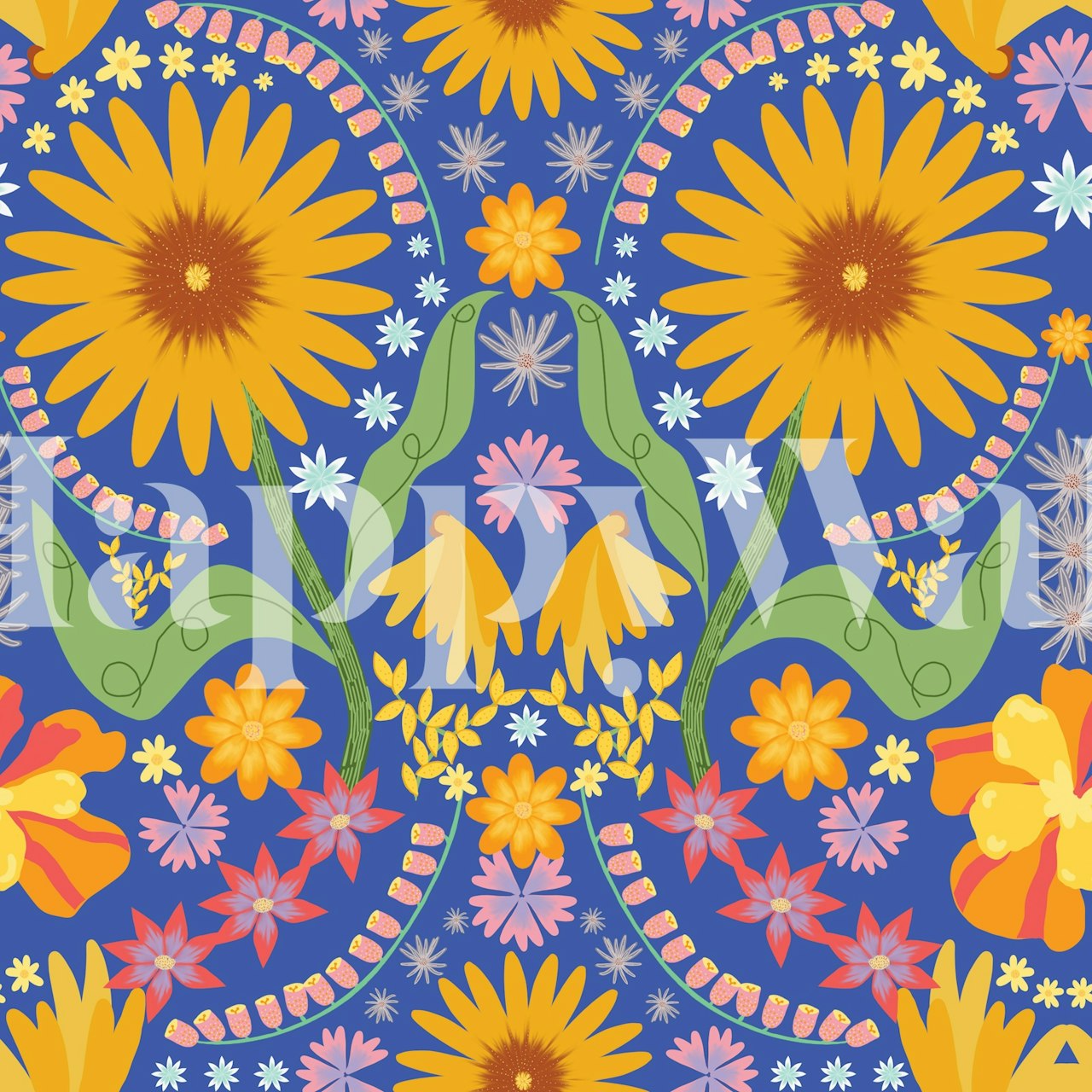 Colorful floral patterns with sunflowers and various flowers on a blue background wallpaper
