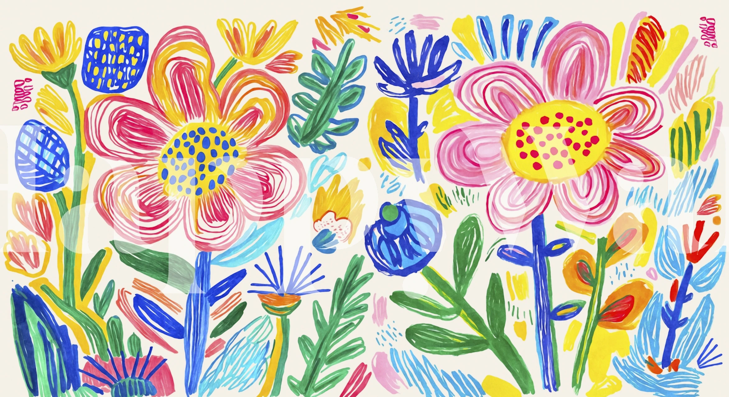 Colorful flowers and green leaves on a cream background wallpaper