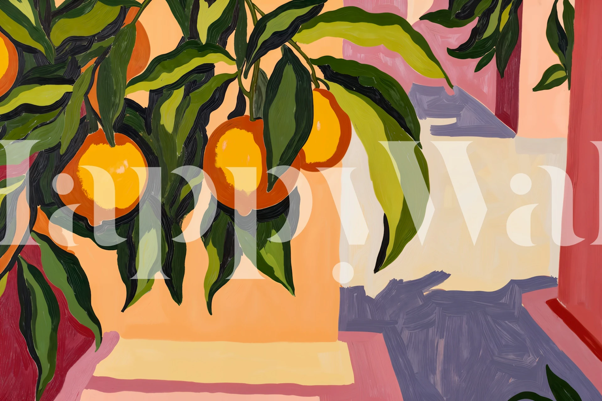 Colorful orange fruits with green leaves on blush background wallpaper