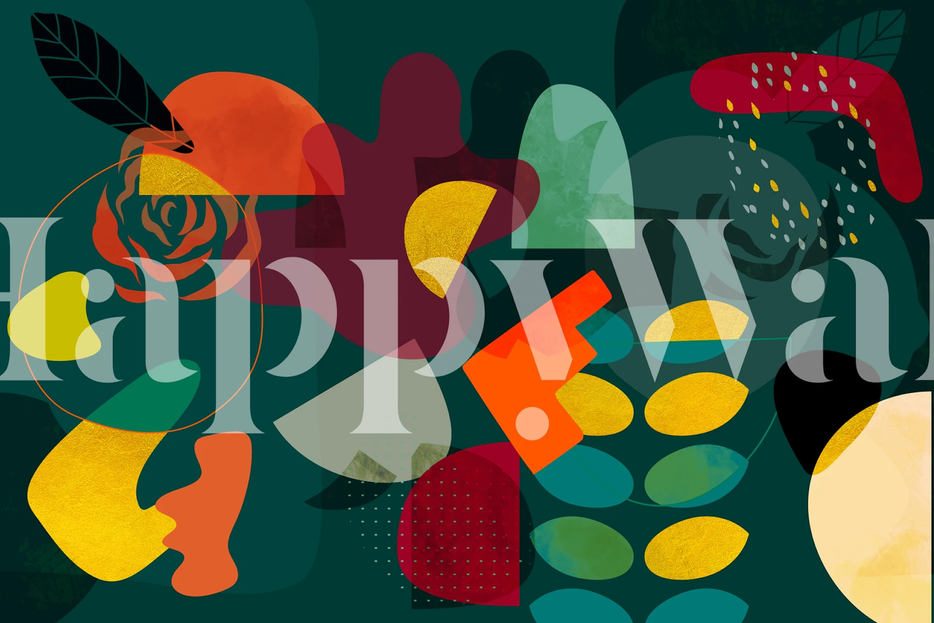 Abstrakti vuosisadan puolivälin puutarhajuhlamaalaus, jossa on sekoitus orgaanisia muotoja ja vaimeita värejä