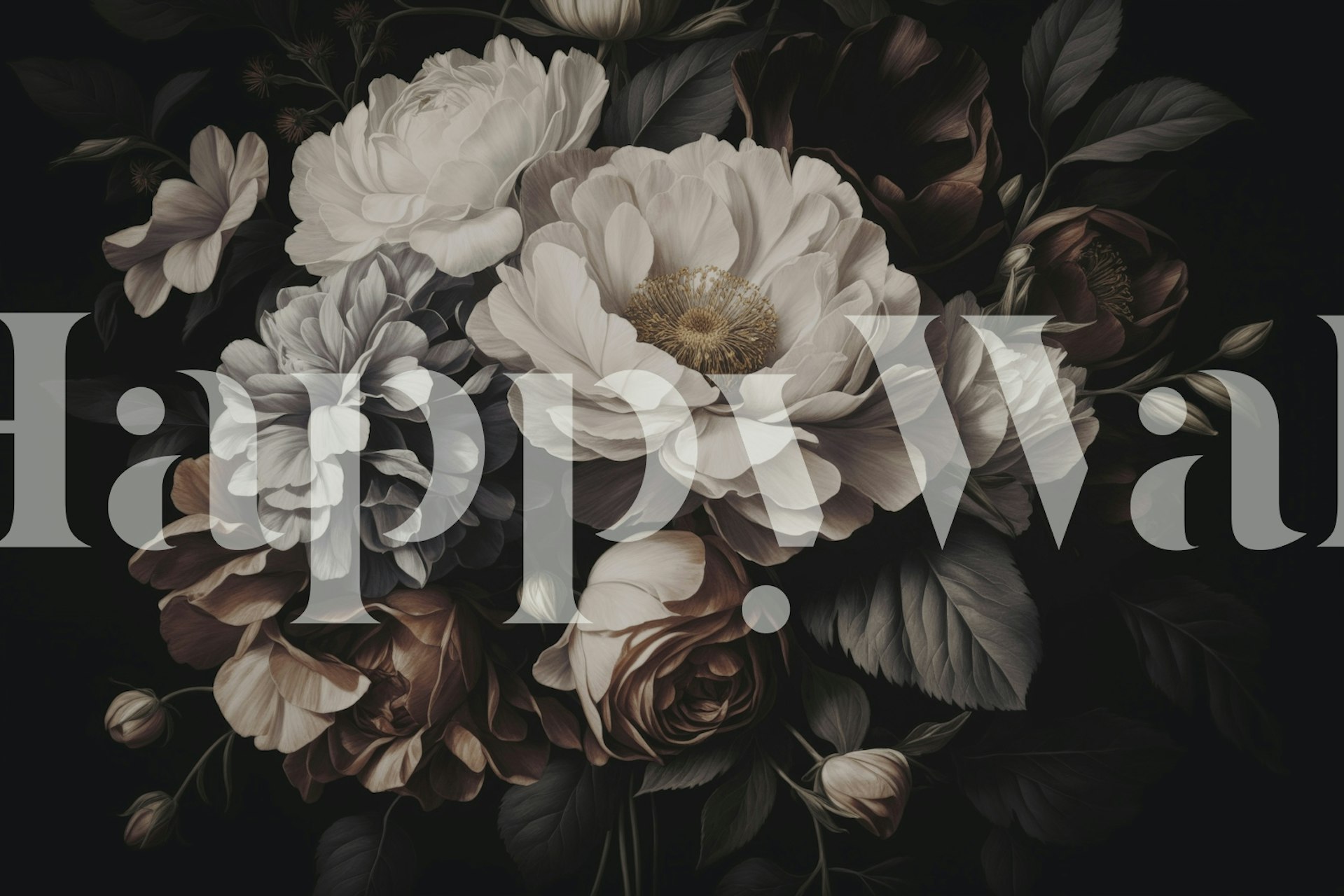 Black and white floral design featuring peonies and other blossoms wallpaper