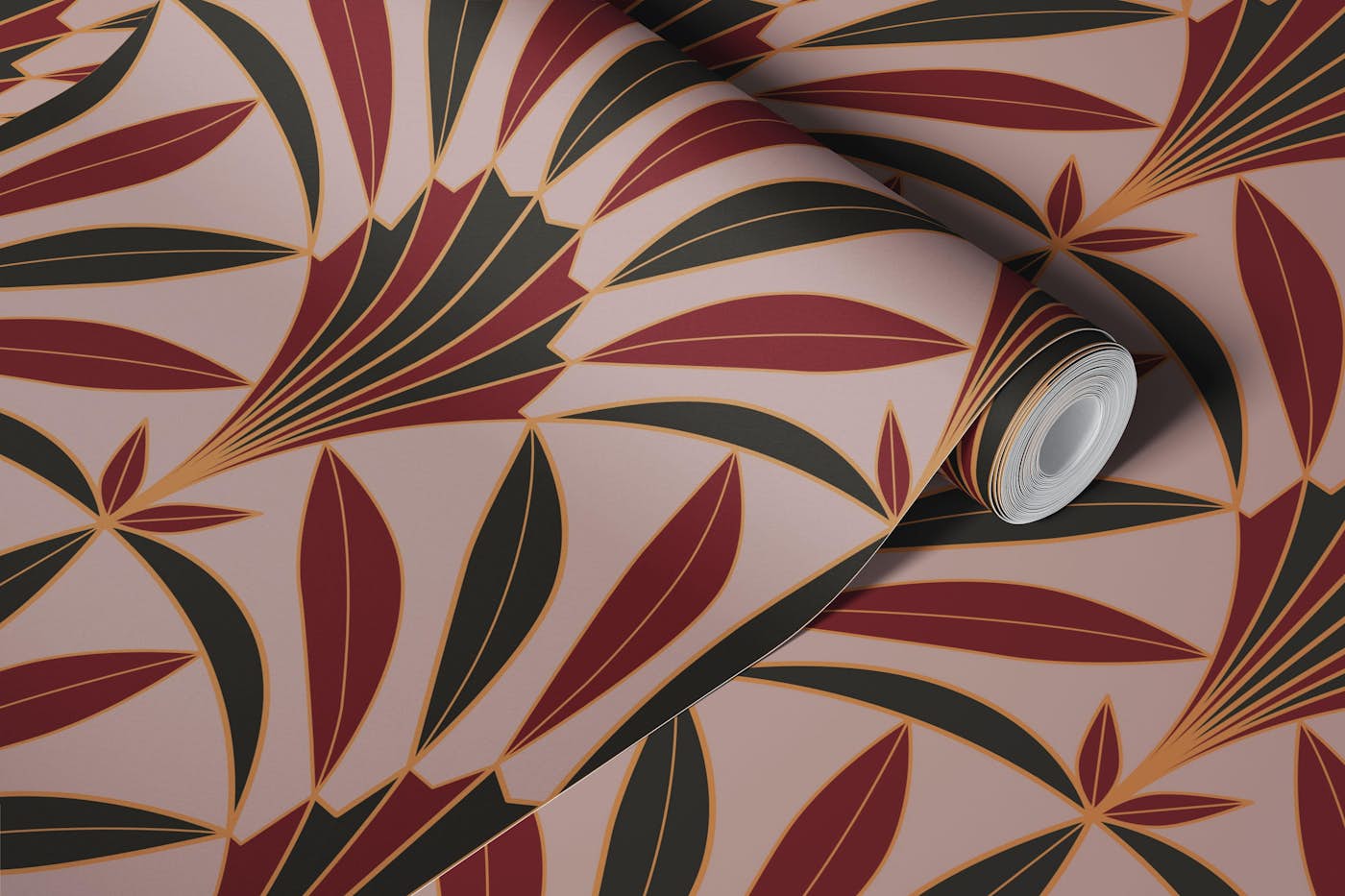 Art Deco palm leaves fan syrah red wallpaper roll