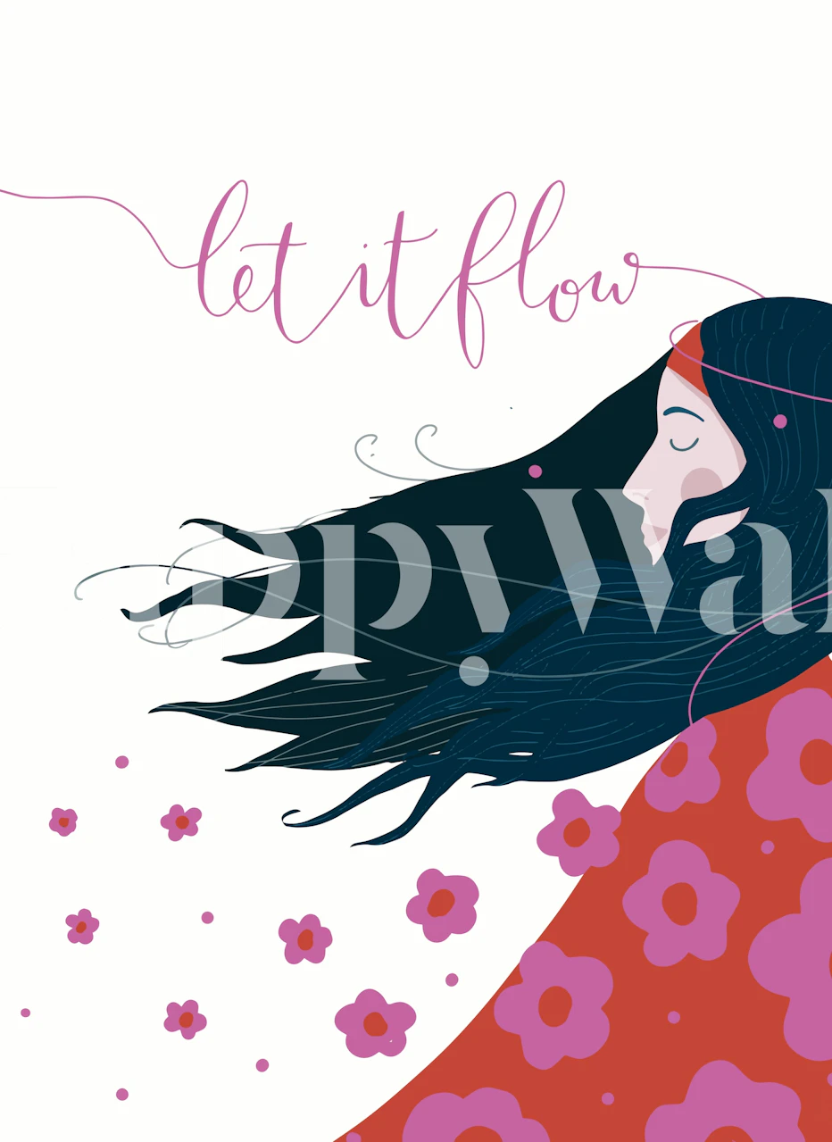 Profile of woman with flowing hair and vibrant flowers in red and pink wallpaper