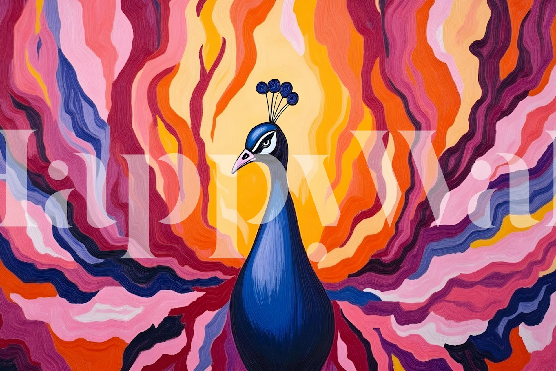 Colorful peacock with a blue body and bright background stripes wallpaper