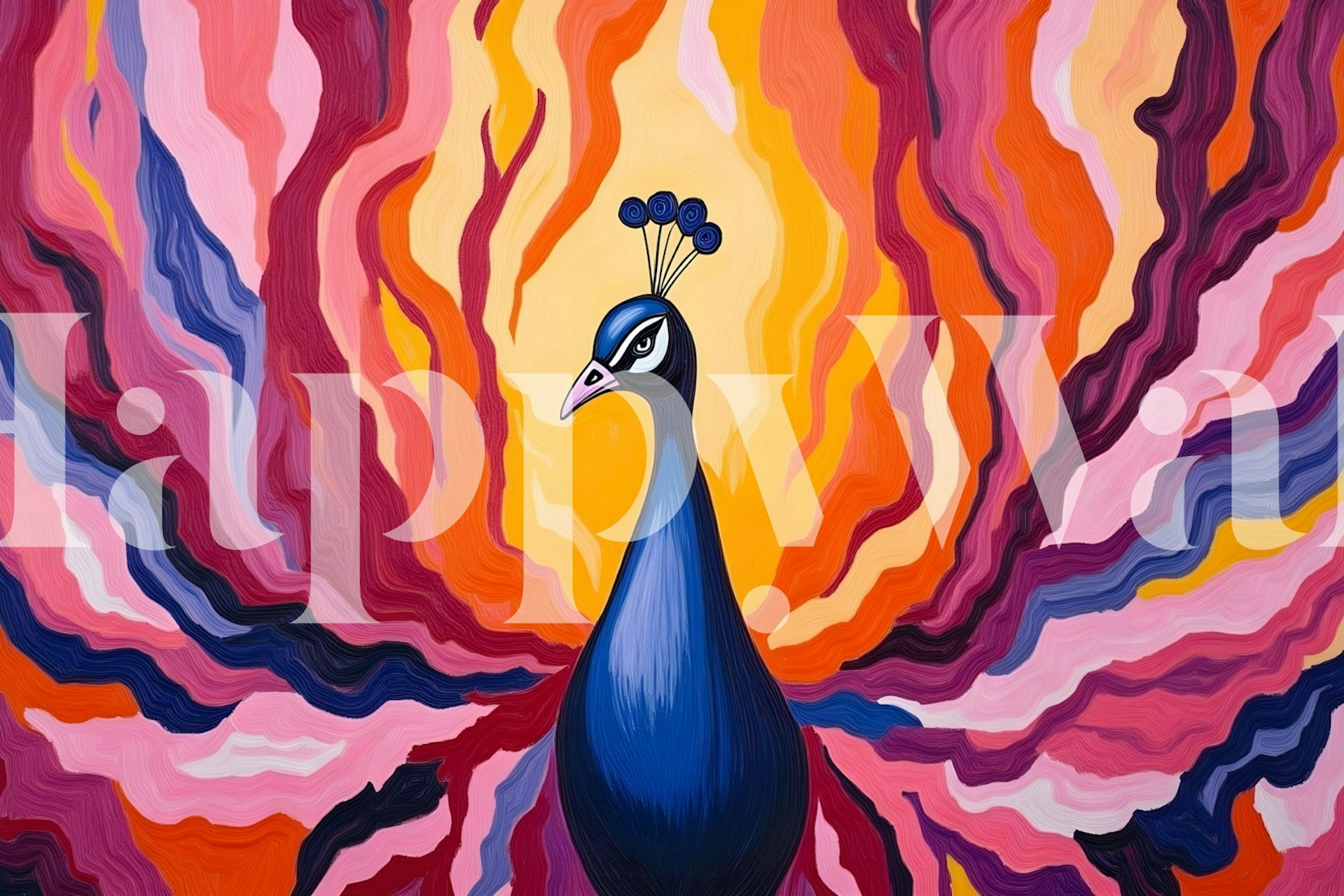 Colorful peacock with a blue body and bright background stripes wallpaper