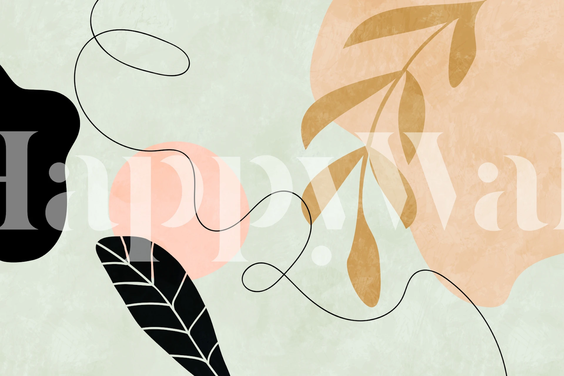 Abstract botanical wallpaper featuring green, blush, and black shapes