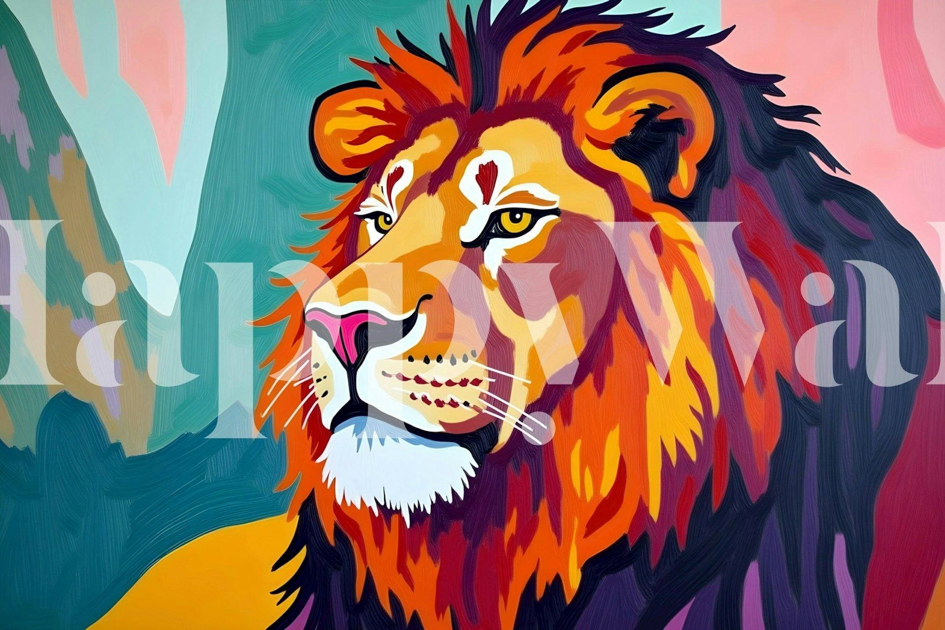 Colorful lion illustration with bright orange and yellow details wallpaper