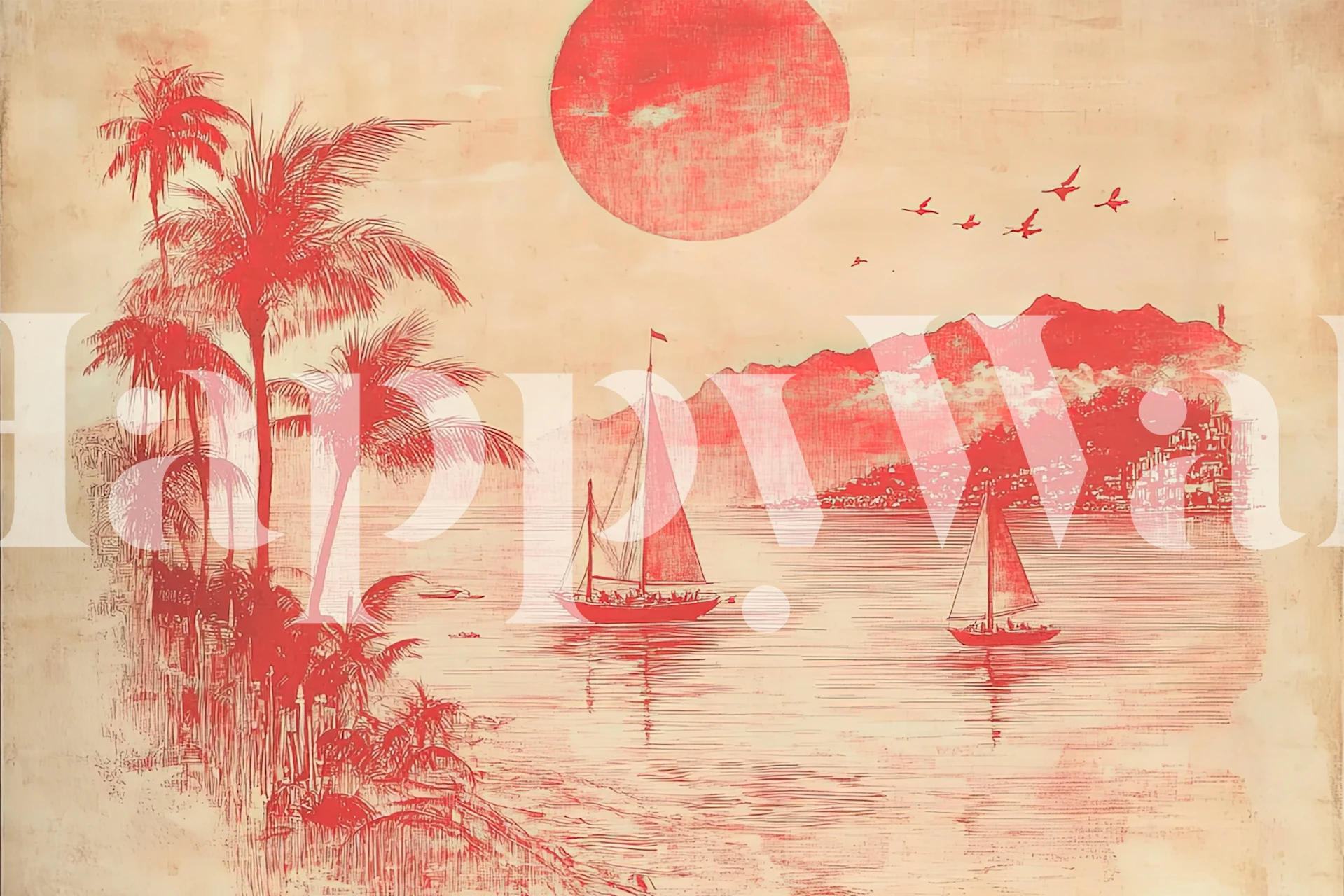 Engraved wallpaper featuring red palm trees and boats against a sunset