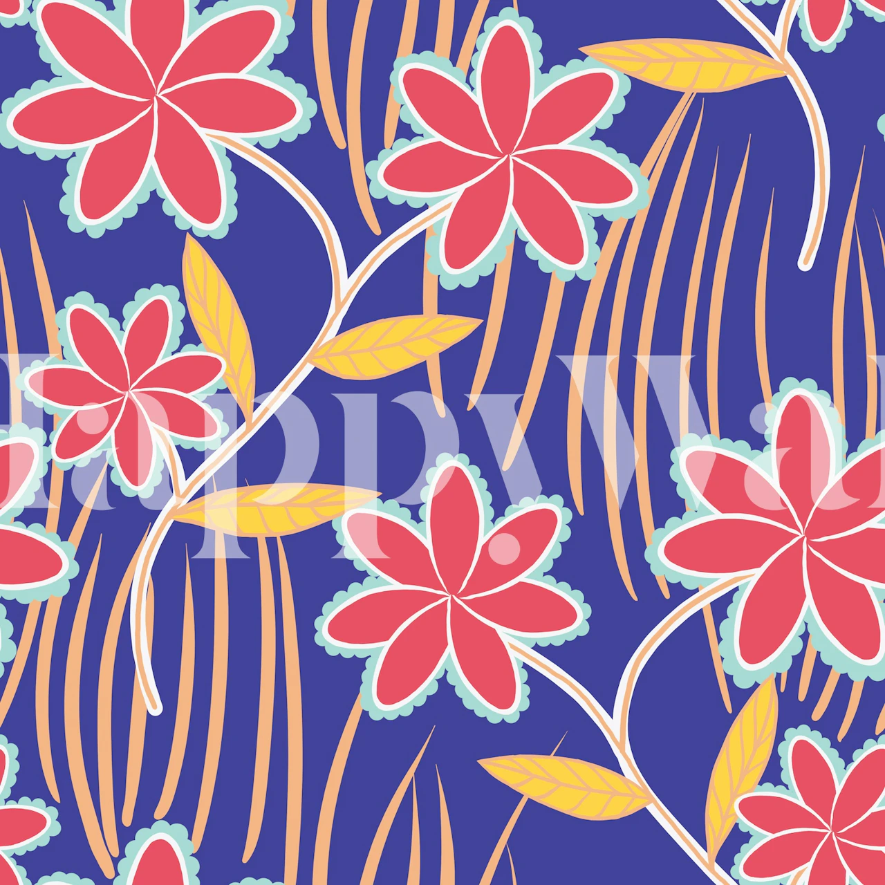 Colorful floral design with pink flowers and yellow leaves on a blue background wallpaper