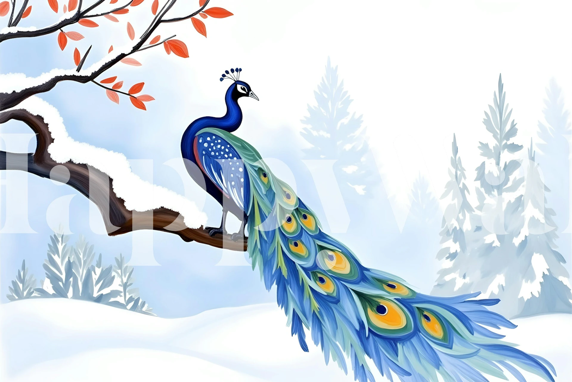 Winter peacock wallpaper in a cozy room