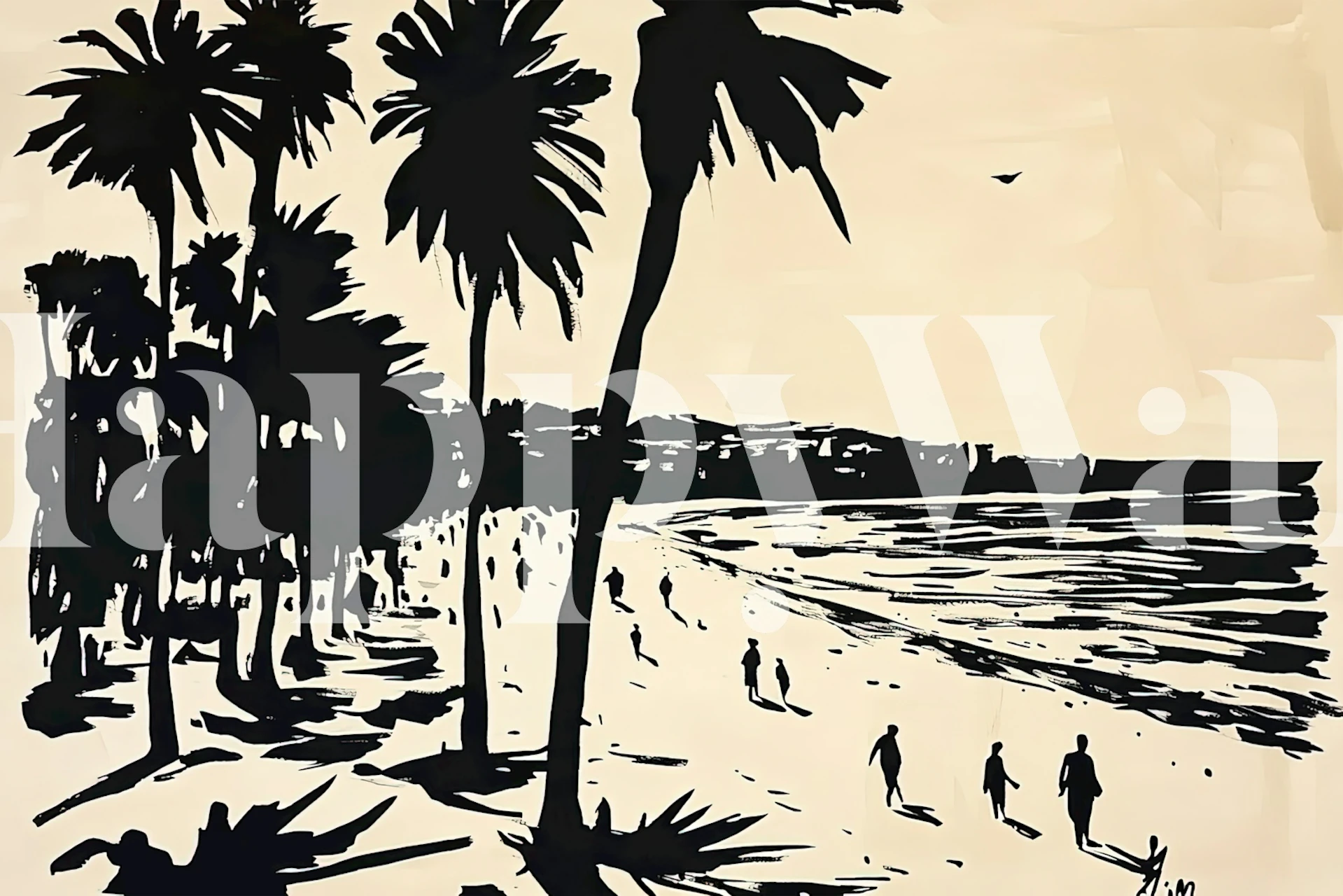 Black and white wallpaper depicting palm trees and beach scenes in a silhouette style