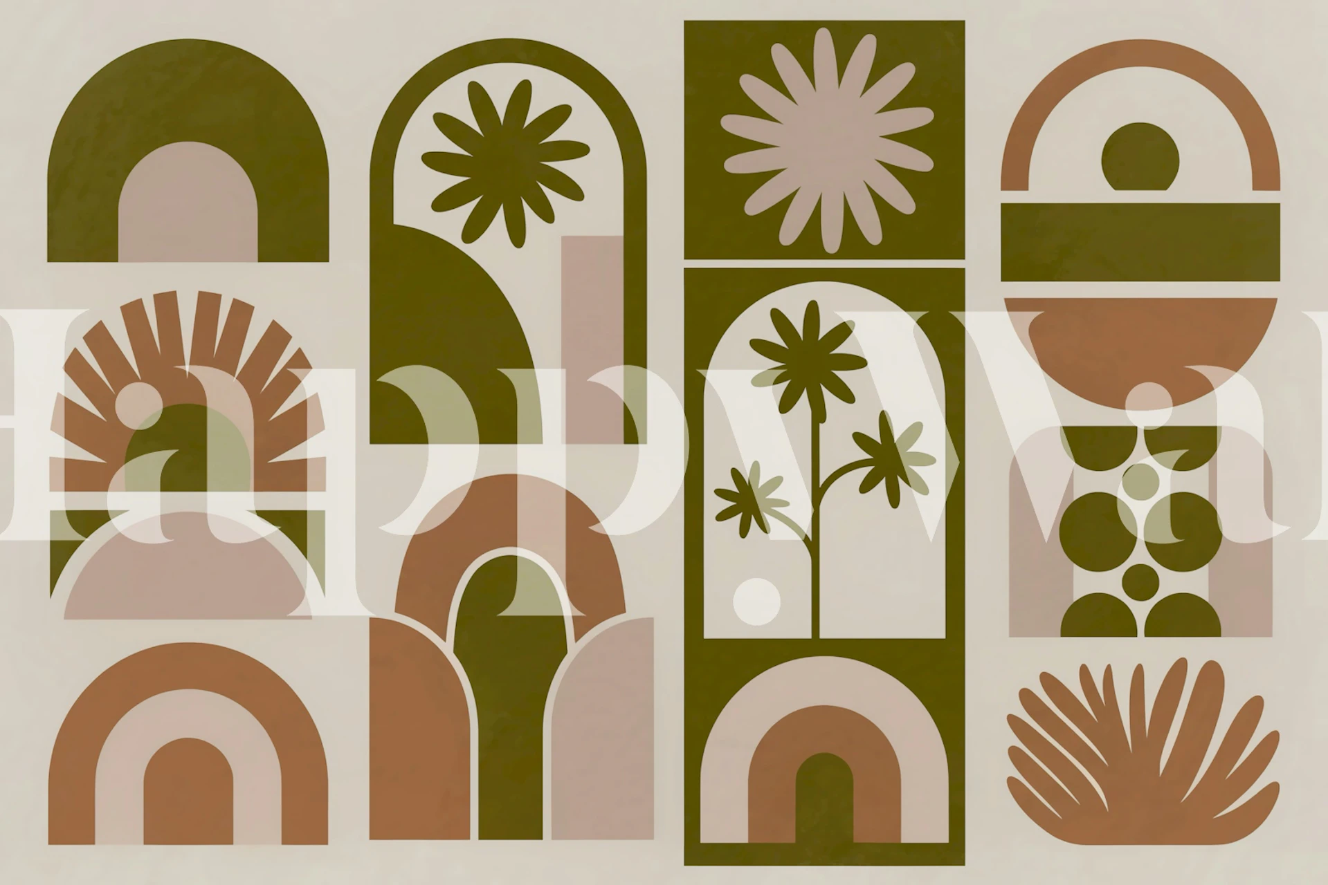Geometric vintage botanical wallpaper in earthy tones.